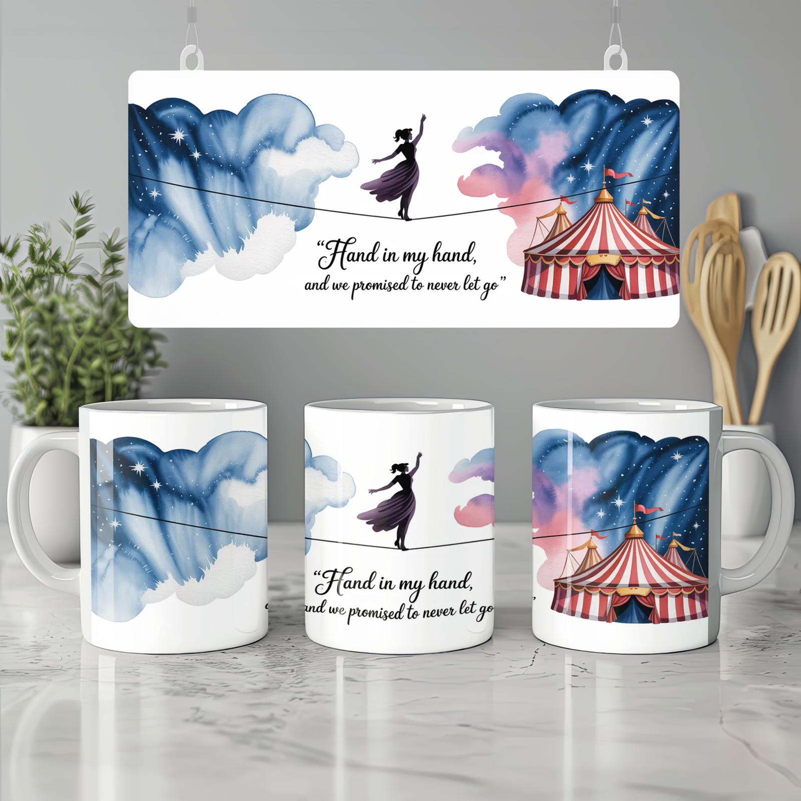 Greatest Showman Mug | Tightrope Quote Musical Theatre Gift | Romantic Anniversary Present for Her | Watercolour Circus Design