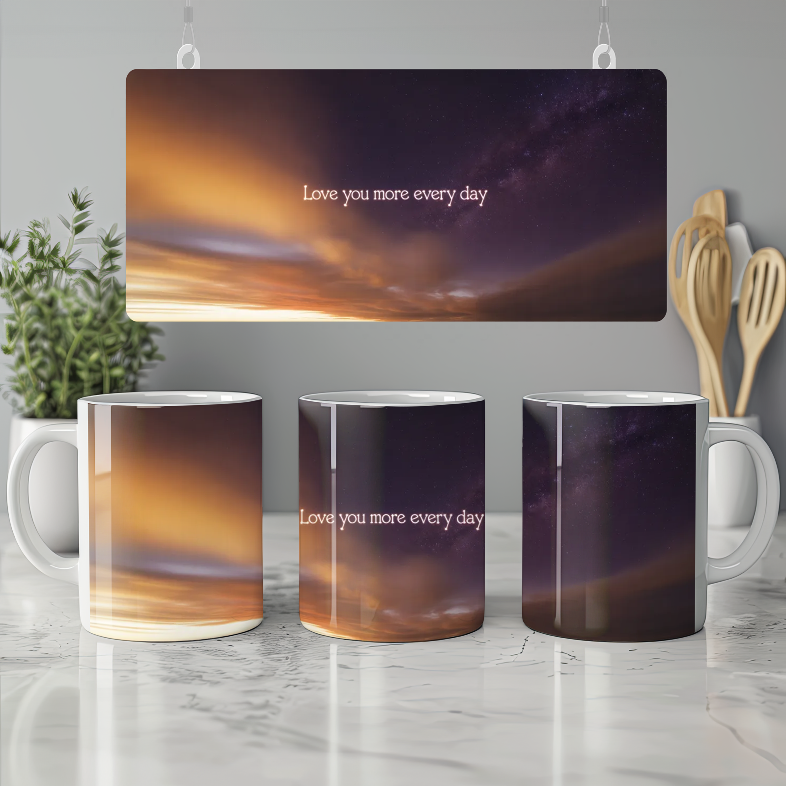 Love You More Every Day Mug | Romantic Anniversary Gift | Valentine's Present for Husband or Wife | Day to Night Sky Coffee Cup