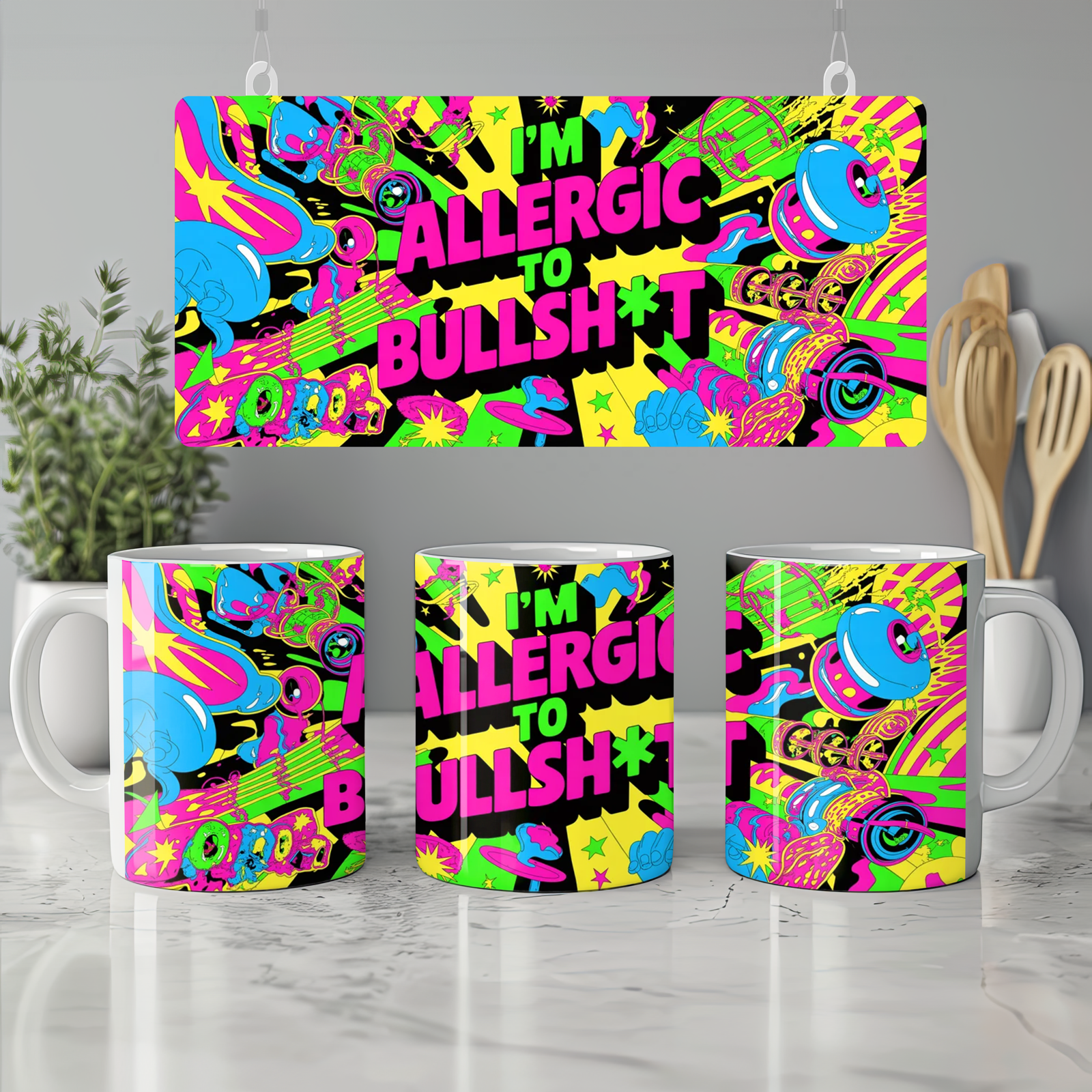 Funny Sarcastic Mug | 'I'm Allergic To Bullsh*t' Neon Psychedelic Gift | Birthday Present for Best Friend | Rude Novelty Mug
