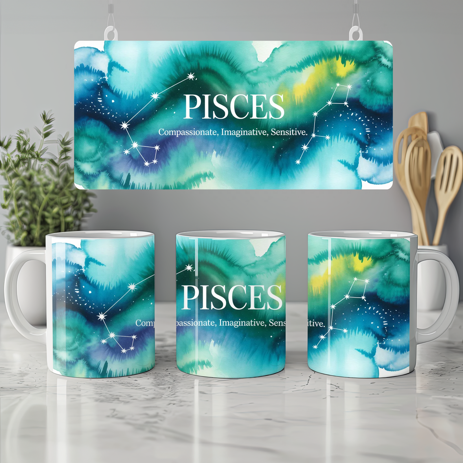 Pisces Mug | Celestial Zodiac Astrology Gift | Watercolour Constellation Mug | Star Sign Birthday Present for Her or Him