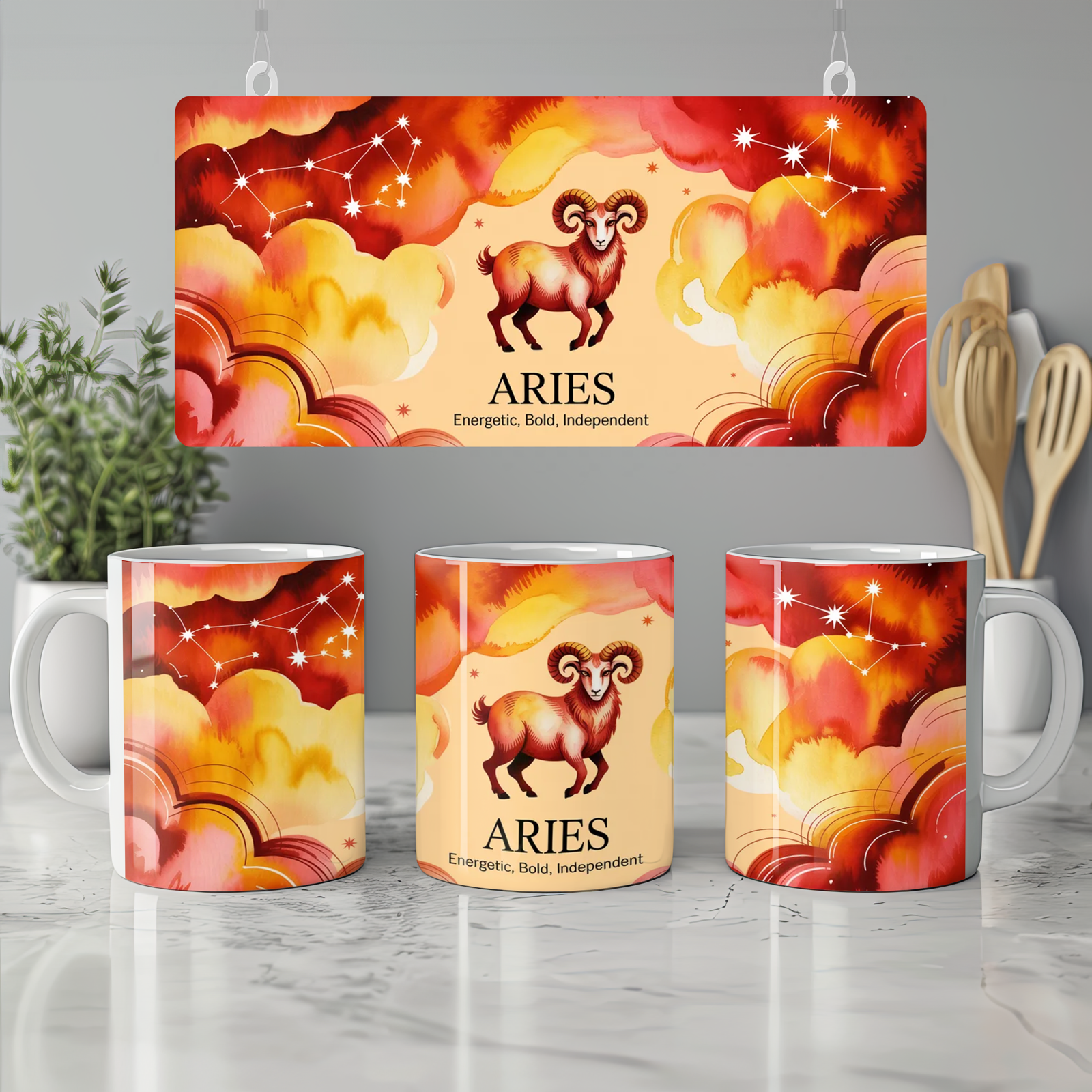 Aries Zodiac Mug | Astrology Ram Gift | Fiery Red Watercolour Mug | Birthday Gift for Her or Him