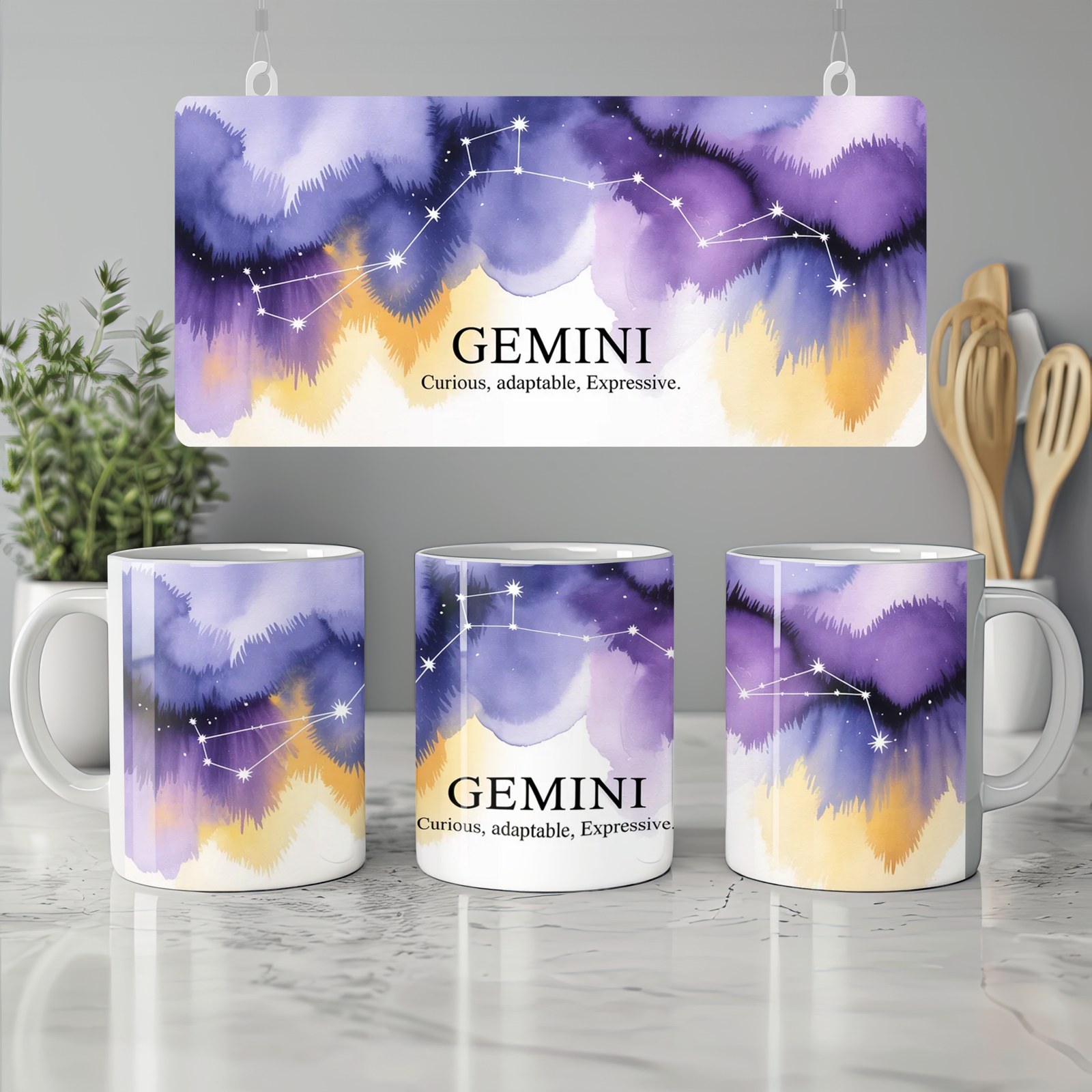 Gemini Zodiac Mug | Celestial Constellation Gift | Birthday Present for Best Friend, Her or Him | Watercolour Astrology Mug