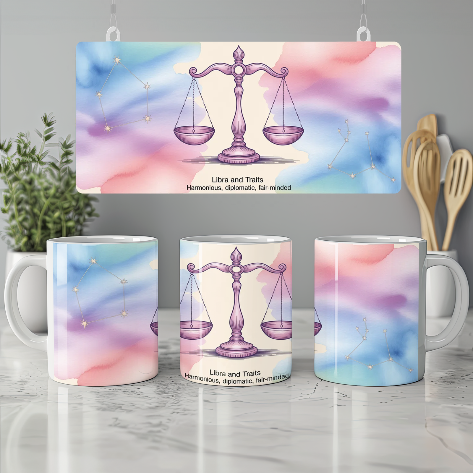 Libra Zodiac Mug | Astrology Birthday Gift | Pastel Watercolor Scales Design | Gift for Best Friend