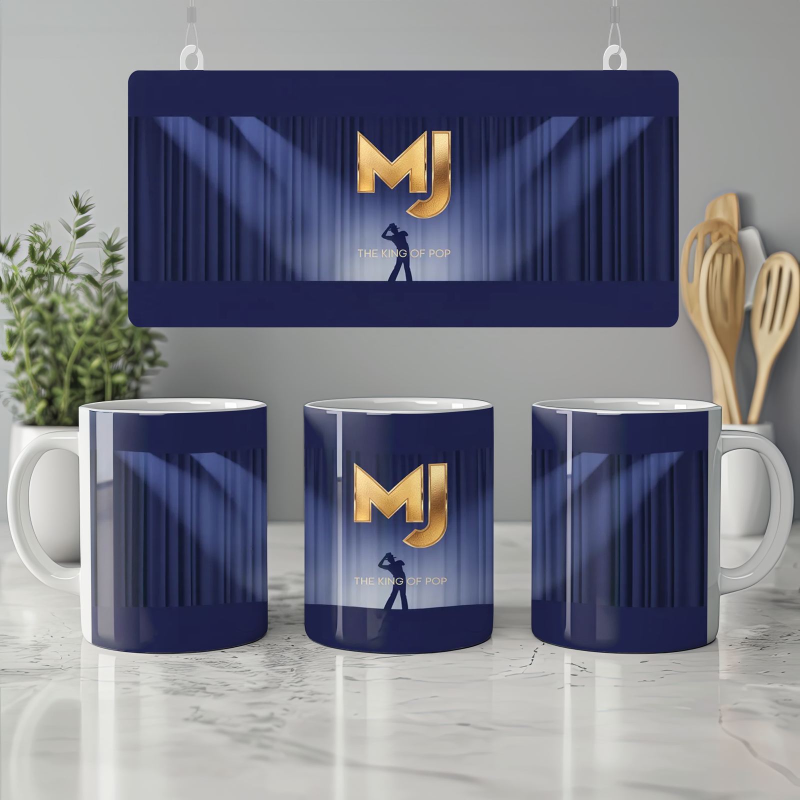 Michael Jackson Mug | King of Pop MJ Present | Gold Silhouette Music Gift | Royal Blue Spotlight Coffee Cup