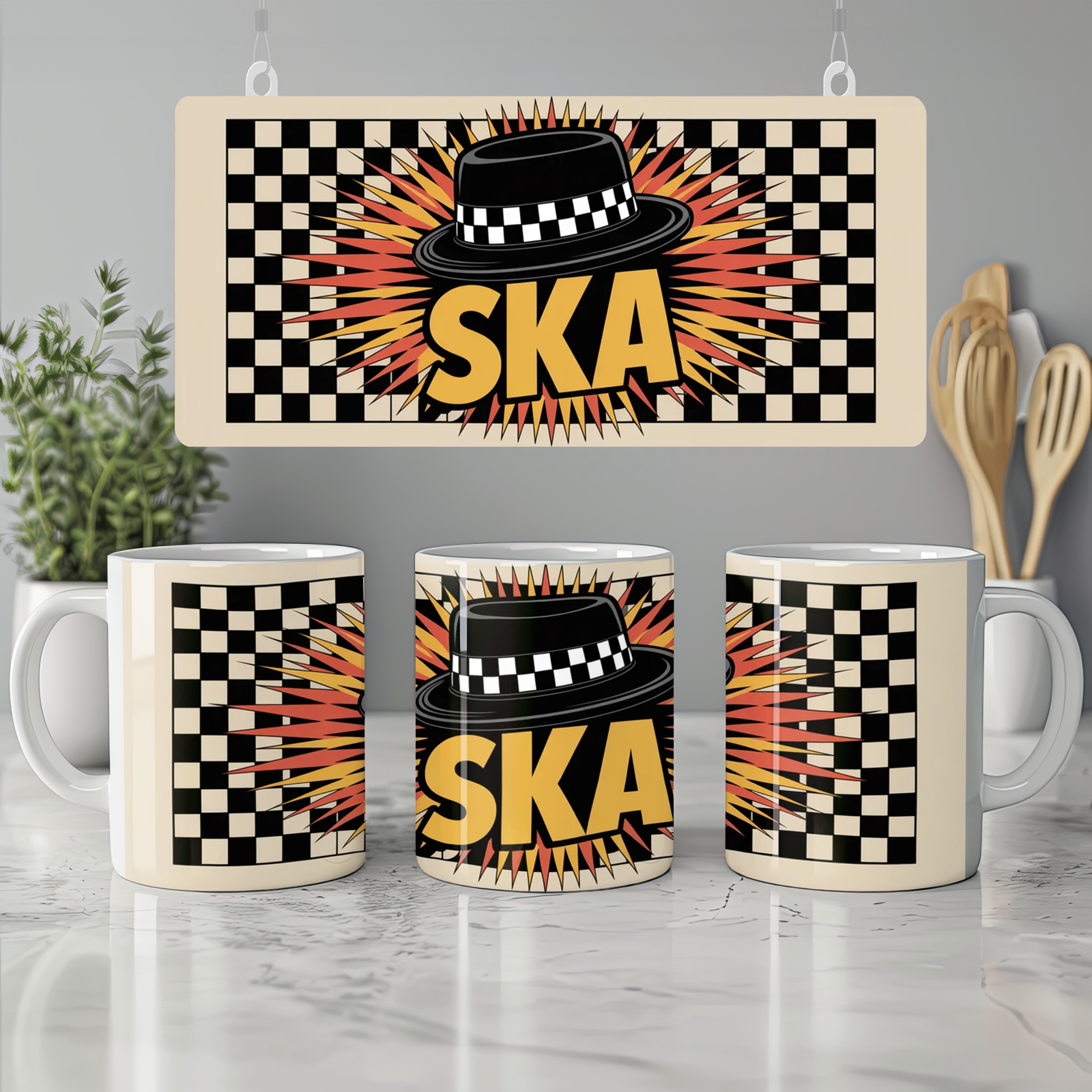 Ska Mug | Porkpie Hat Checkerboard Gift | 2 Tone Music Present | Gift for Him Best Friend Birthday