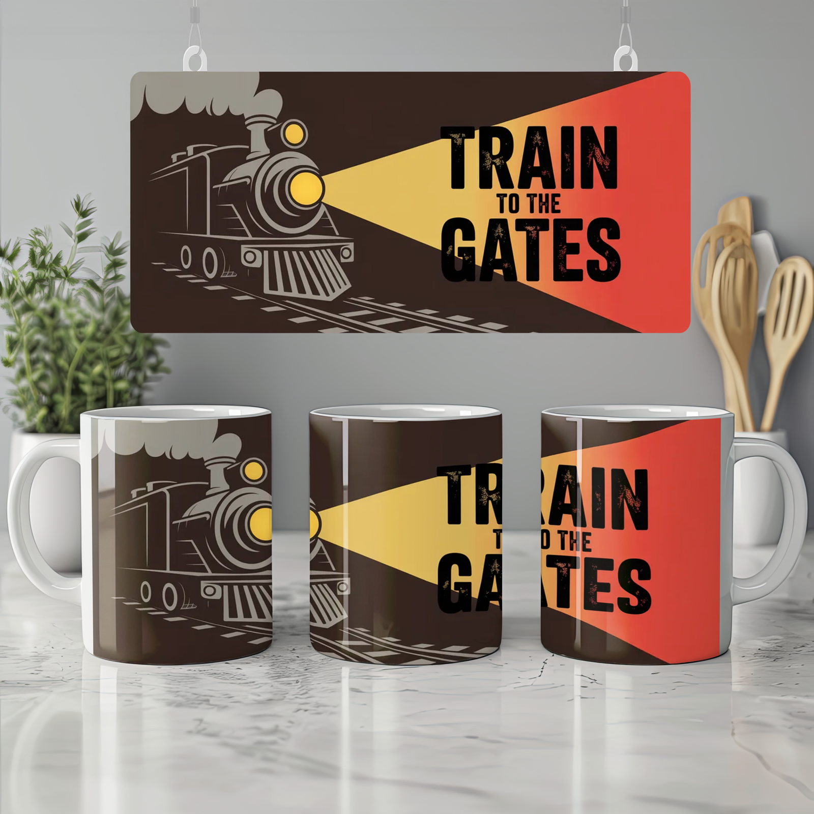 Hadestown Mug | 'Train To The Gates' Quote | Musical Theatre Gift | Industrial Train Design for Theatre Lovers