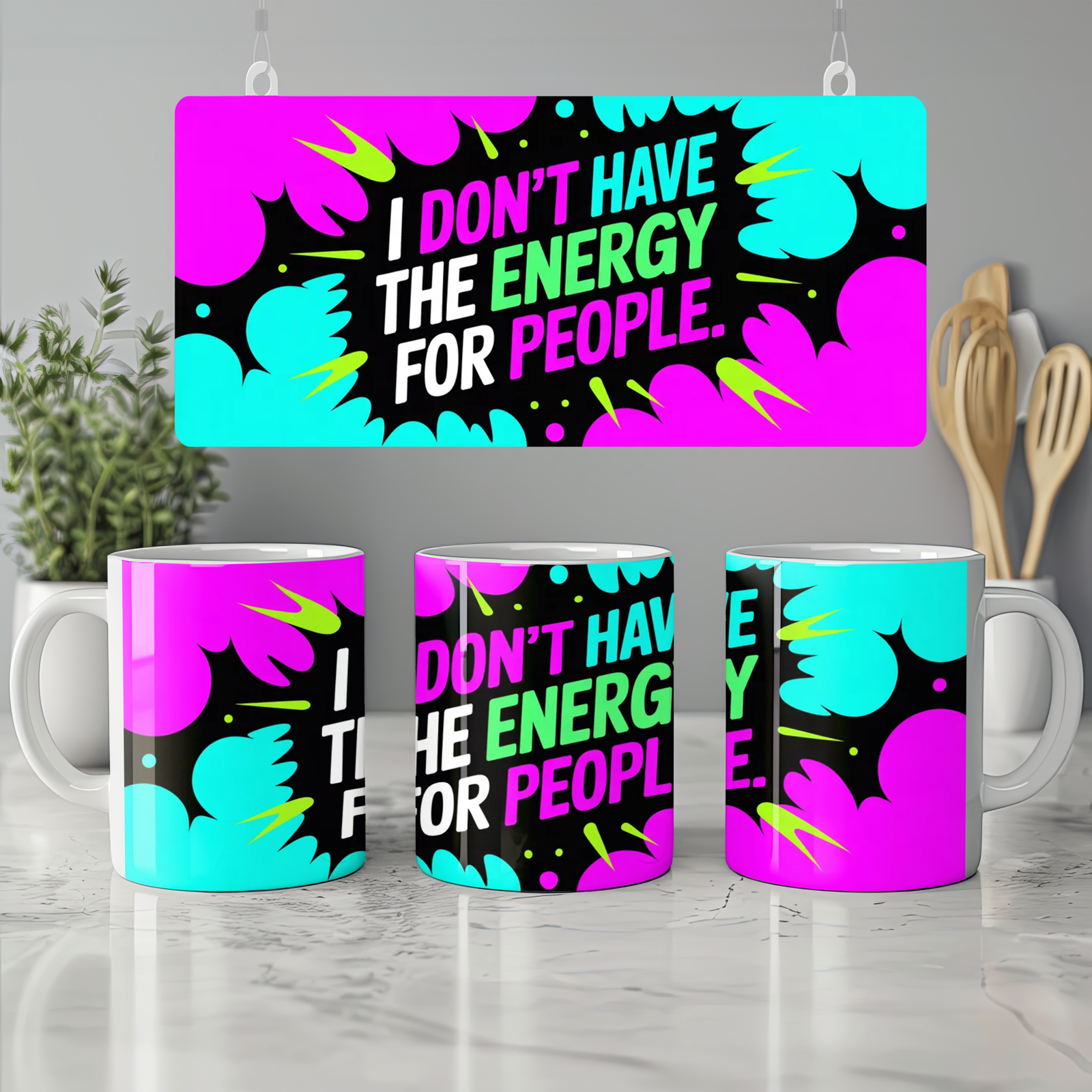Sassy Quote Mug | I Don't Have The Energy For People | Funny Work Gift | Neon Smoke Coffee Cup