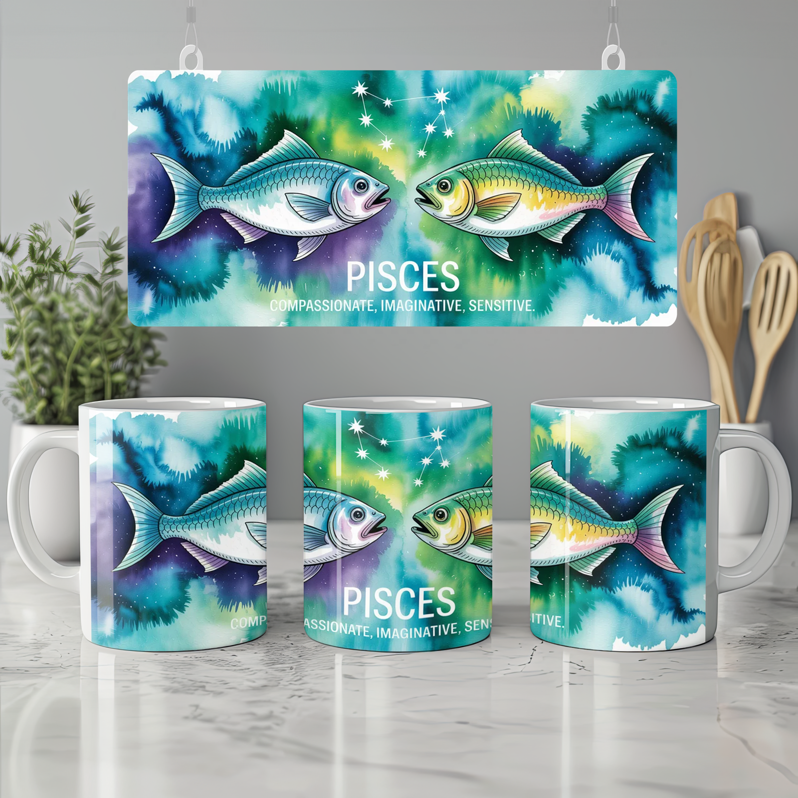 Pisces Mug | Watercolour Zodiac Star Sign Gift | Astrology Present for Best Friend | Celestial Two Fish Design