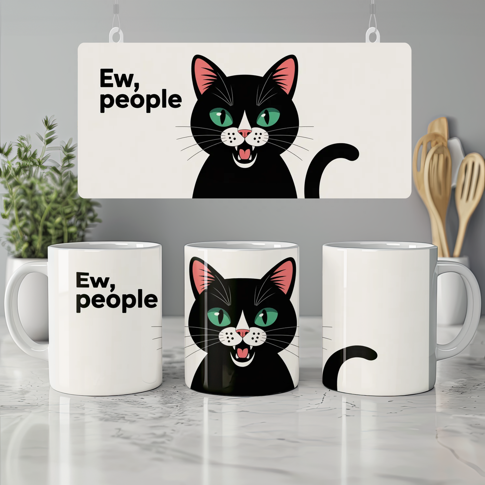Funny Cat Mug | Ew People Black Cat Gift | Humorous Cat Lover Present | Rude Mug for Best Friend