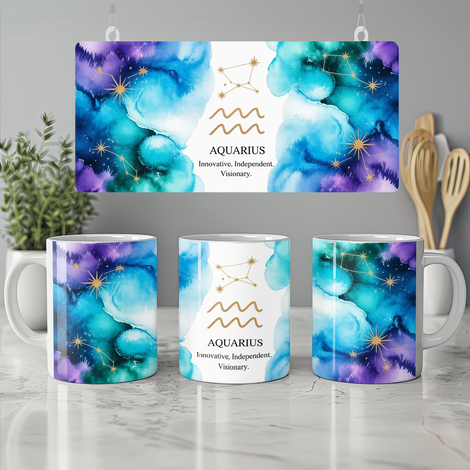 Aquarius Zodiac Mug | Astrology Star Sign Gift | Celestial Watercolor Birthday Present | Innovative Independent Visionary Mug
