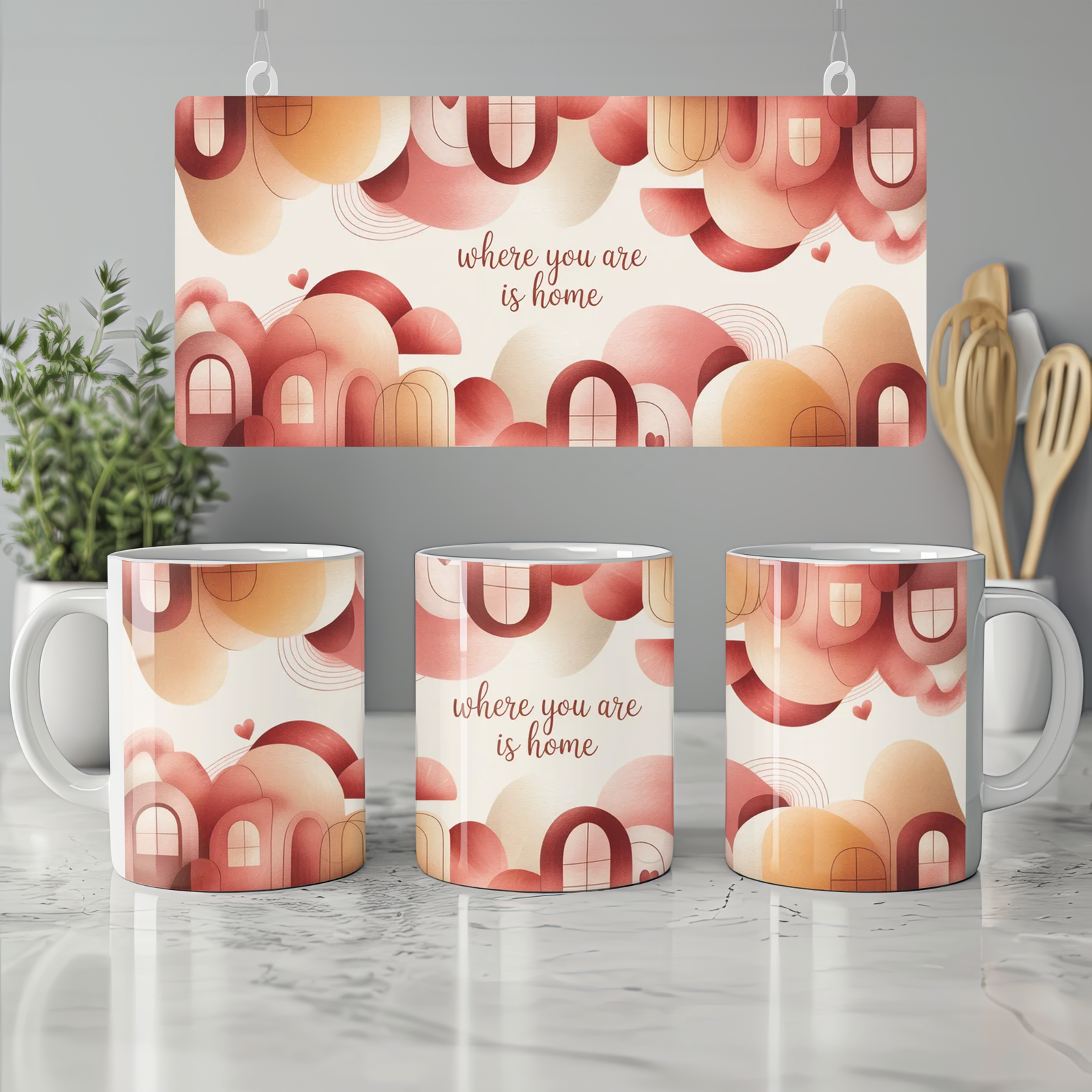 Where You Are Is Home Mug | Romantic Anniversary Gift | Cosy Valentines Present for Couples | Abstract Art Coffee Cup