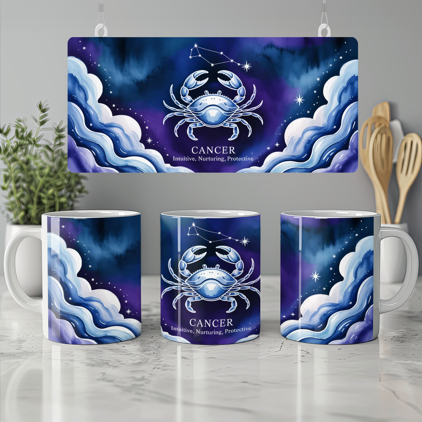 Cancer Zodiac Mug | Astrology Gift for Her or Him | Star Sign Birthday Present | Celestial Crab Watercolor Mug