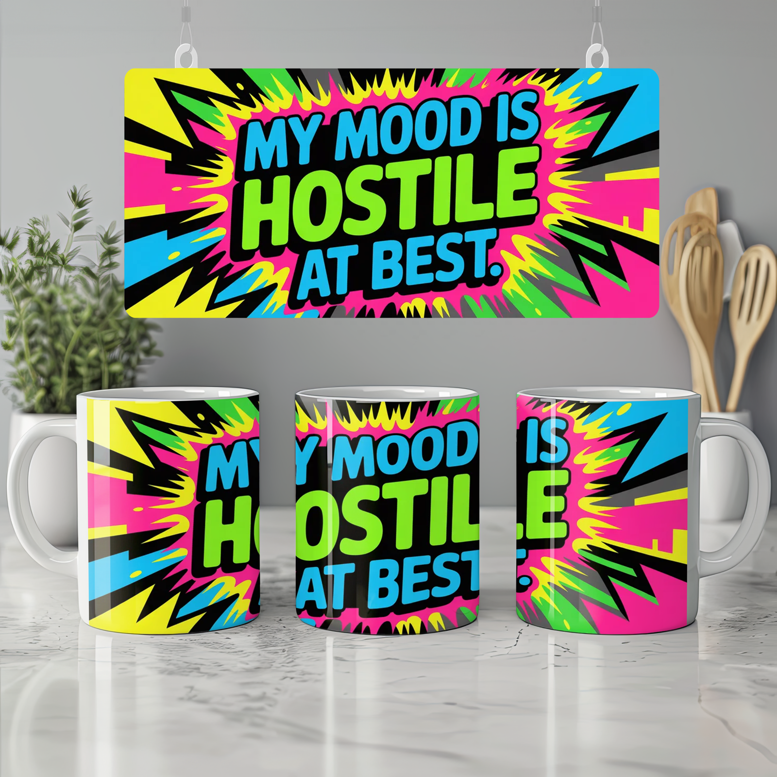 Sarcastic Quote Mug | My Mood Is Hostile At Best Graffiti Design | Funny Birthday Gift for Friends | Neon Sassy Mug