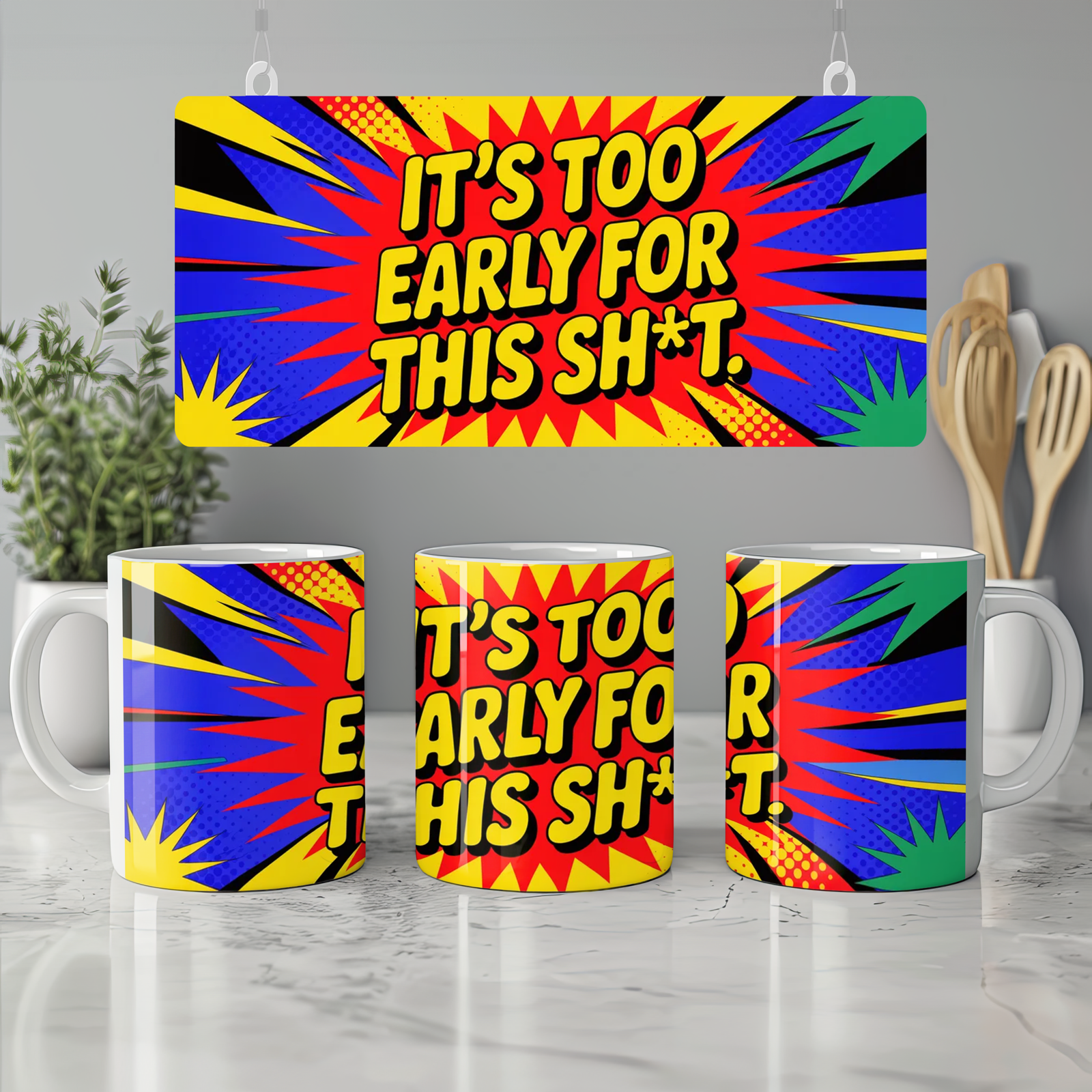 Funny Rude Coffee Mug | It's Too Early For This Sh*t | Neon Pop Art Gift | Office Colleague Present
