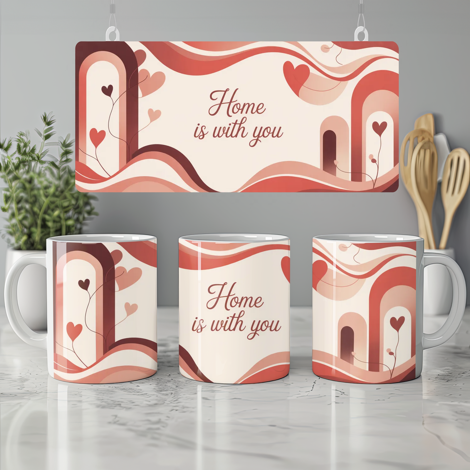 Home Is With You Mug | Romantic Valentine's Gift | Anniversary Present for Couples | Cosy Abstract Art Cup