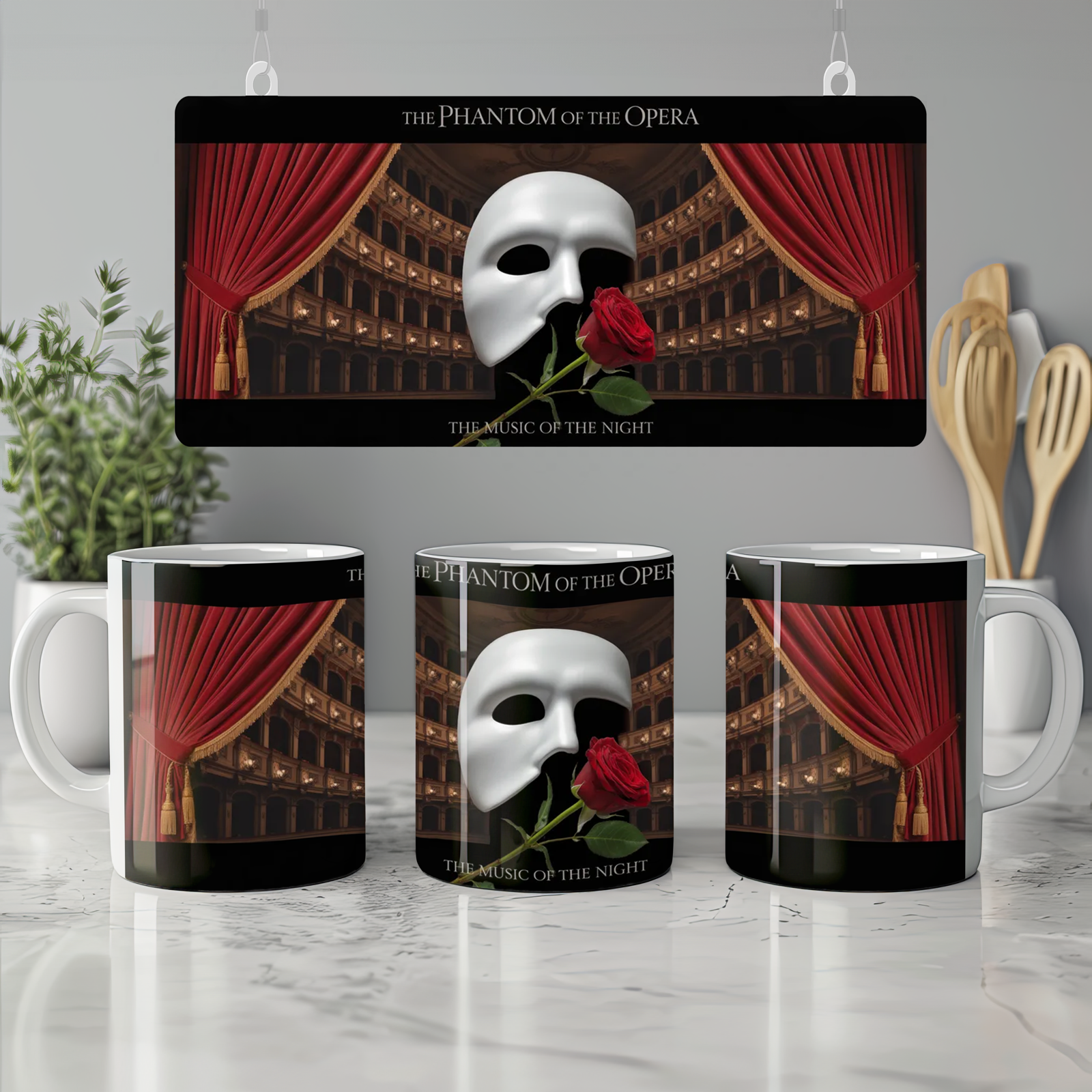 Phantom of the Opera Mug | Theatre Mask and Rose Design | Musical Theatre Gift | Present for West End Fans