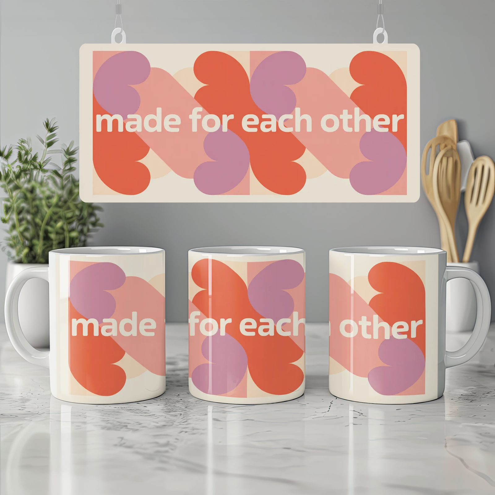 Made For Each Other Mug | Anniversary Gift for Couples | Valentine's Day Mug | Modern Geometric Heart Ceramic Coffee Cup