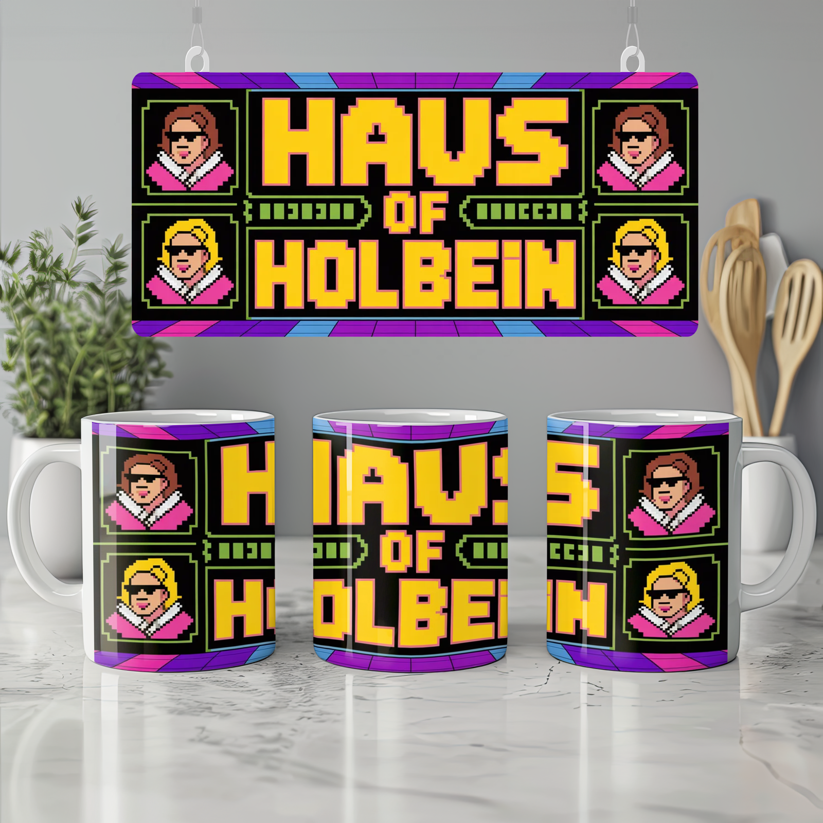 Six the Musical Mug | Haus of Holbein Pixel Art | Musical Theatre Gift for Best Friend | Tudor Queens Neon Mug