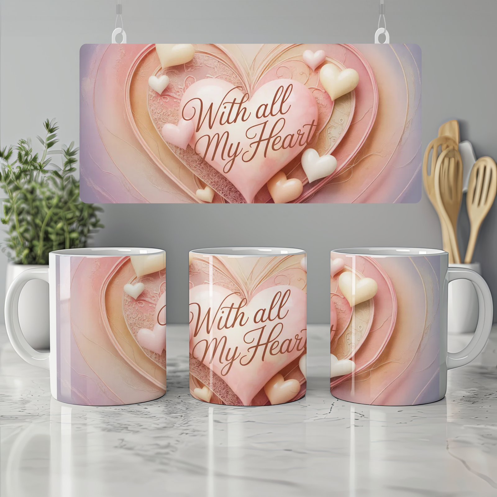 With All My Heart Mug | Romantic Valentine's Gift | Anniversary Present for Husband or Wife | Textured Heart Wrap Design