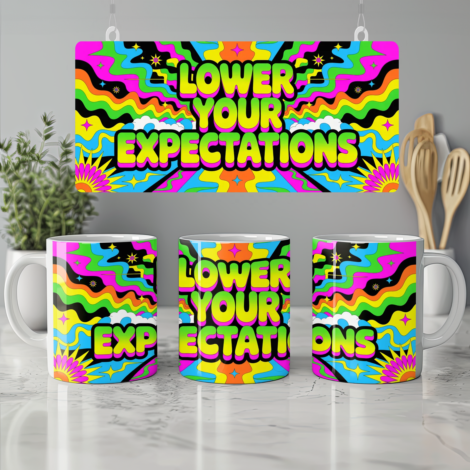 Lower Your Expectations Mug | Sarcastic Quote Mug | Funny Best Friend Gift | Psychedelic Neon Coffee Cup | Office Colleague Present