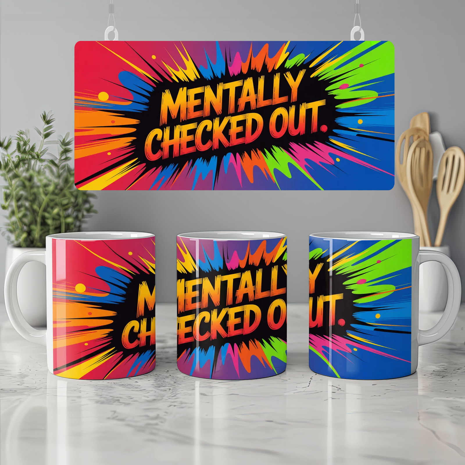 Mentally Checked Out Mug | Funny Office Gift for Colleagues | Neon Ink Explosion Wrap Around Coffee Cup