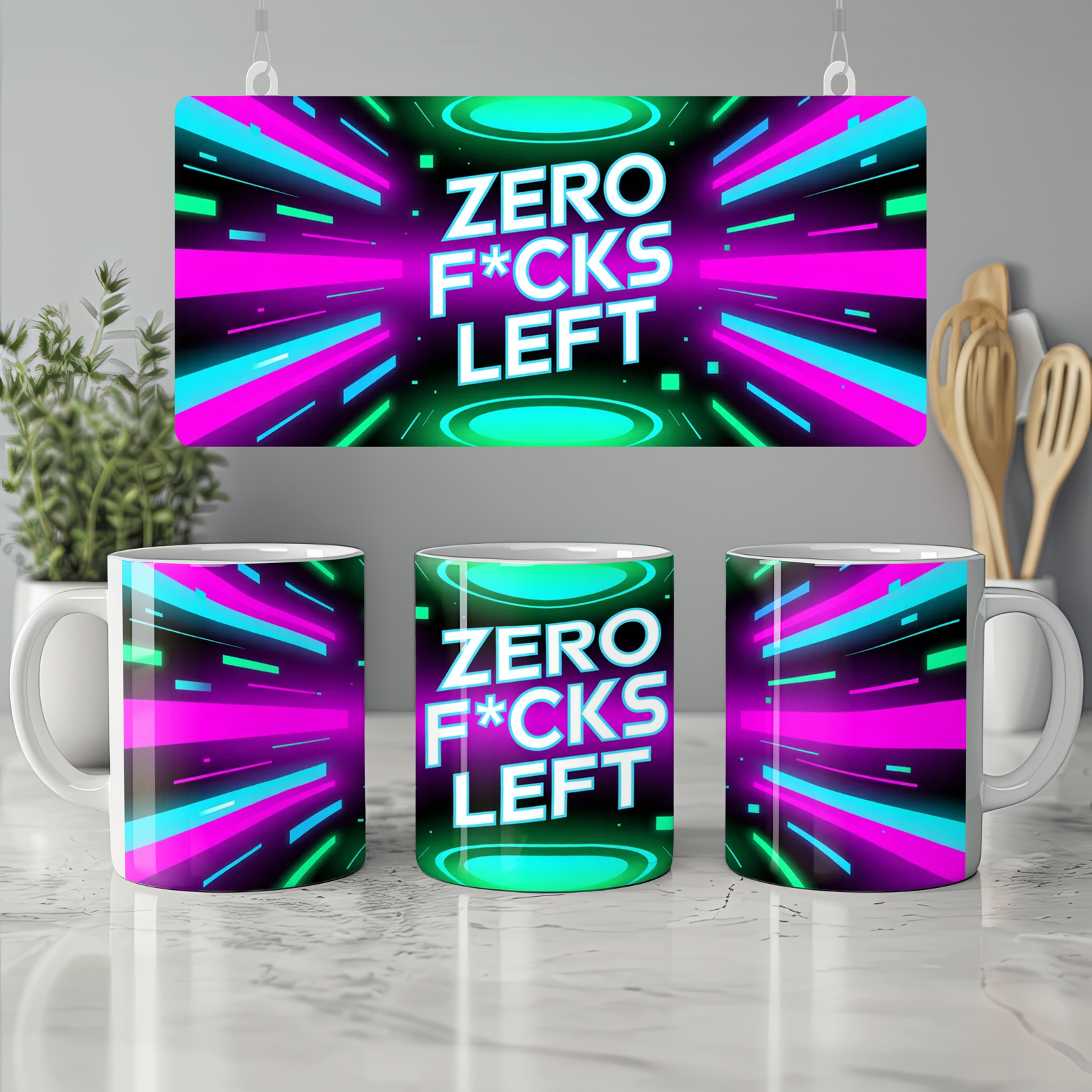 Zero Fucks Left Mug | Cyberpunk Neon Glitch Gift | Funny Rude Coffee Cup