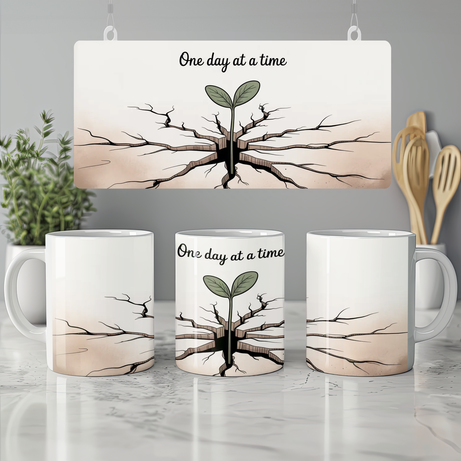 One Day at a Time Mug | Mental Health Gift | Positive Thinking Present | Resilience Sprout Ceramic Cup