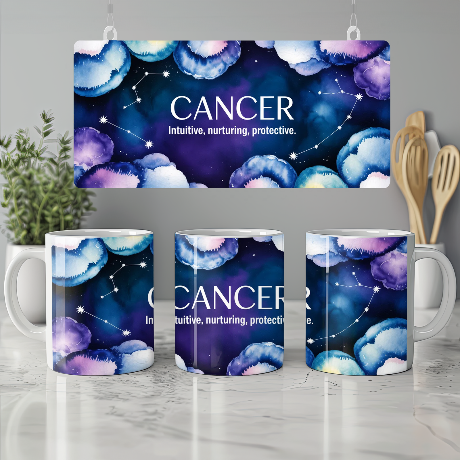 Cancer Zodiac Mug | Constellation Watercolour Astrology Gift | Birthday Present for Best Friend | Nurturing Intuitive Star Sign Cup