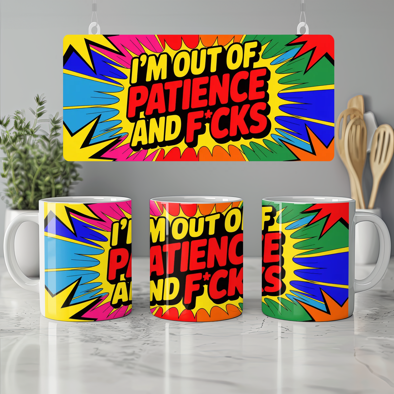 Funny Sarcastic Mug | Out Of Patience Neon Pop Art Coffee Cup | Gift for Best Friend or Colleague