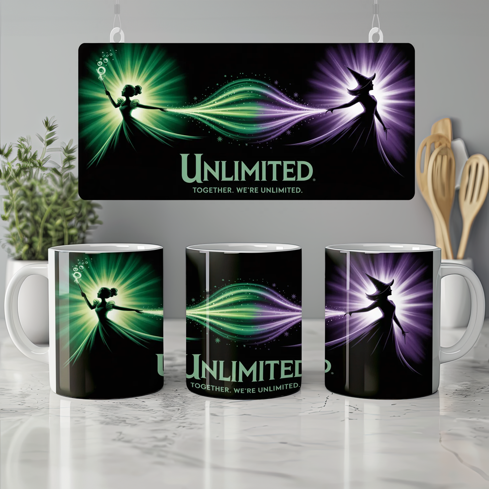 Wicked Musical Mug | Elphaba and Glinda Silhouette | Theatre Lover Gift | Emerald City Green and Purple Present