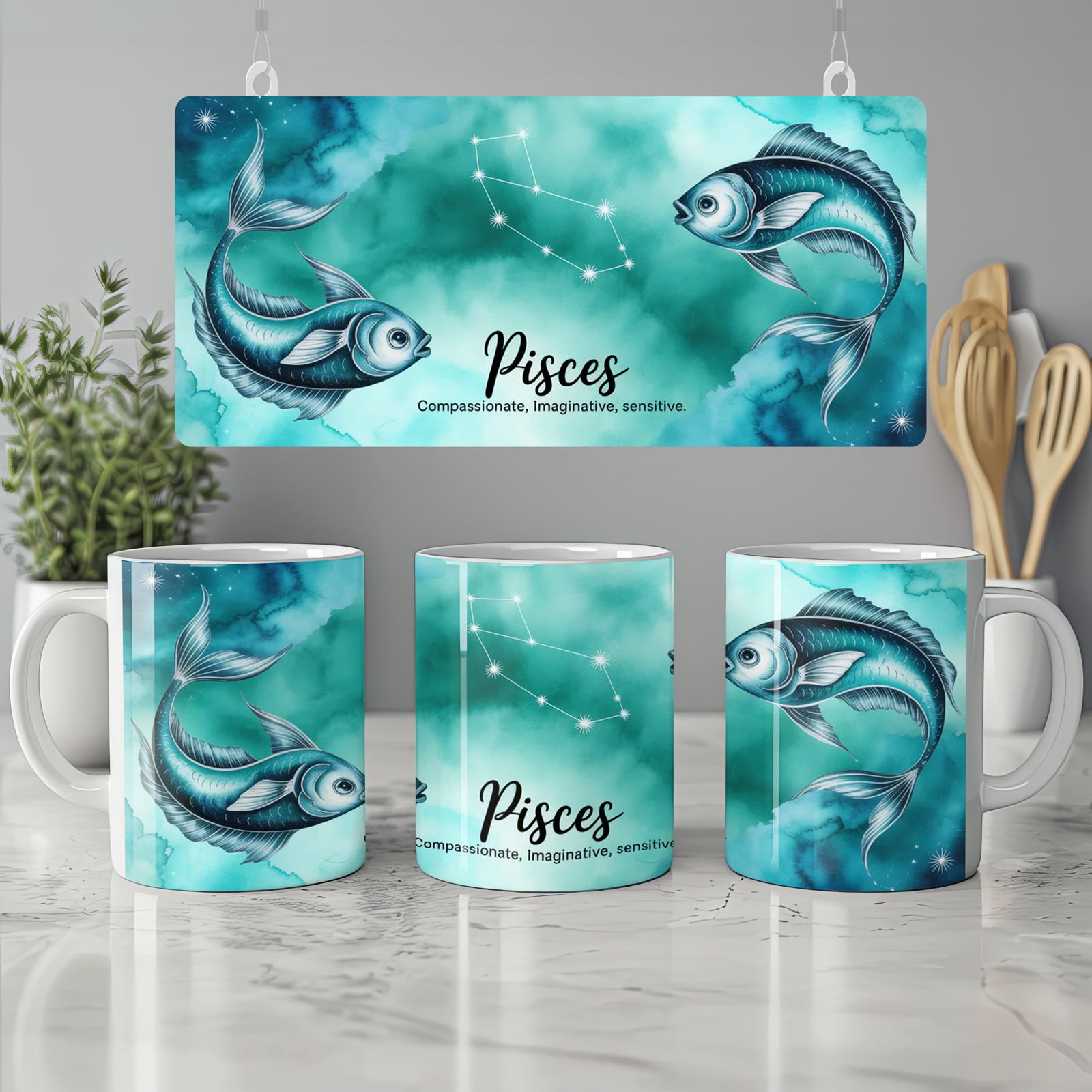 Pisces Zodiac Mug | Astrology Constellation Gift | Watercolour Star Sign Tea Cup | Birthday Present for Her or Him