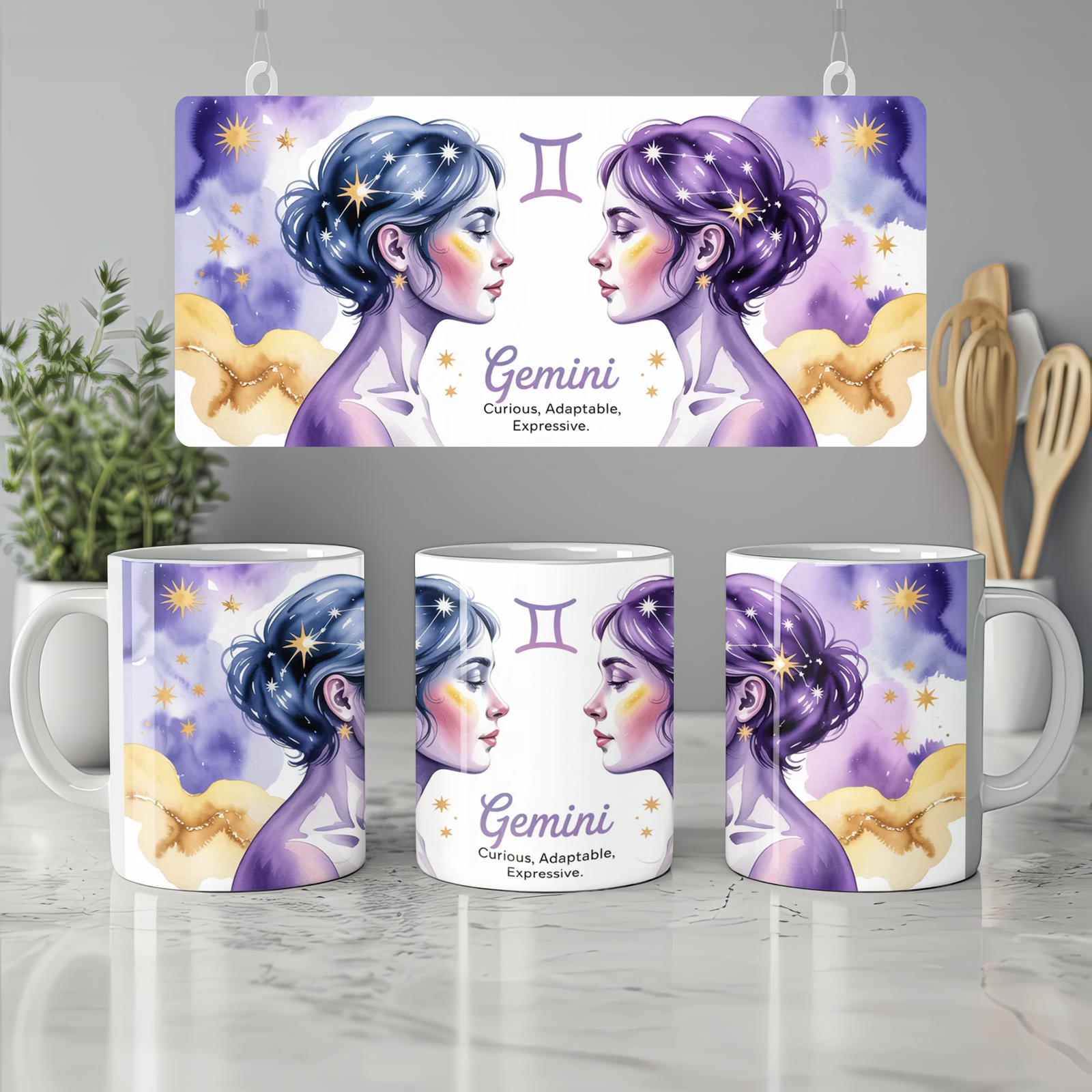 Gemini Mug | Astrology Star Sign Gift for Her | Lavender Celestial Watercolour Cup | Gemini Birthday Present for Best Friend
