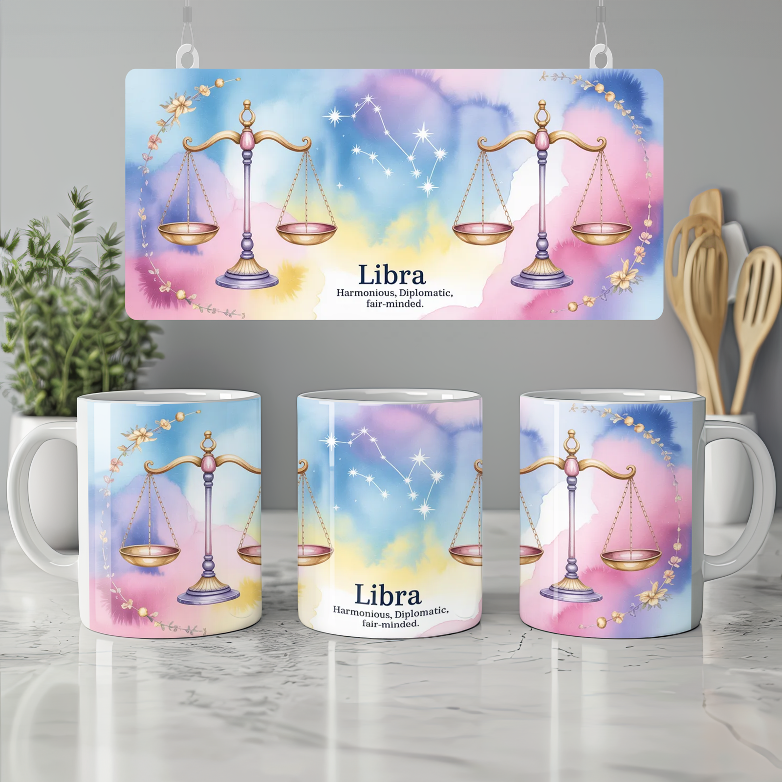 Libra Zodiac Mug | Pastel Watercolor Astrology Gift | Star Sign Present for Her or Him | Harmonious and Fair-Minded Scales Design