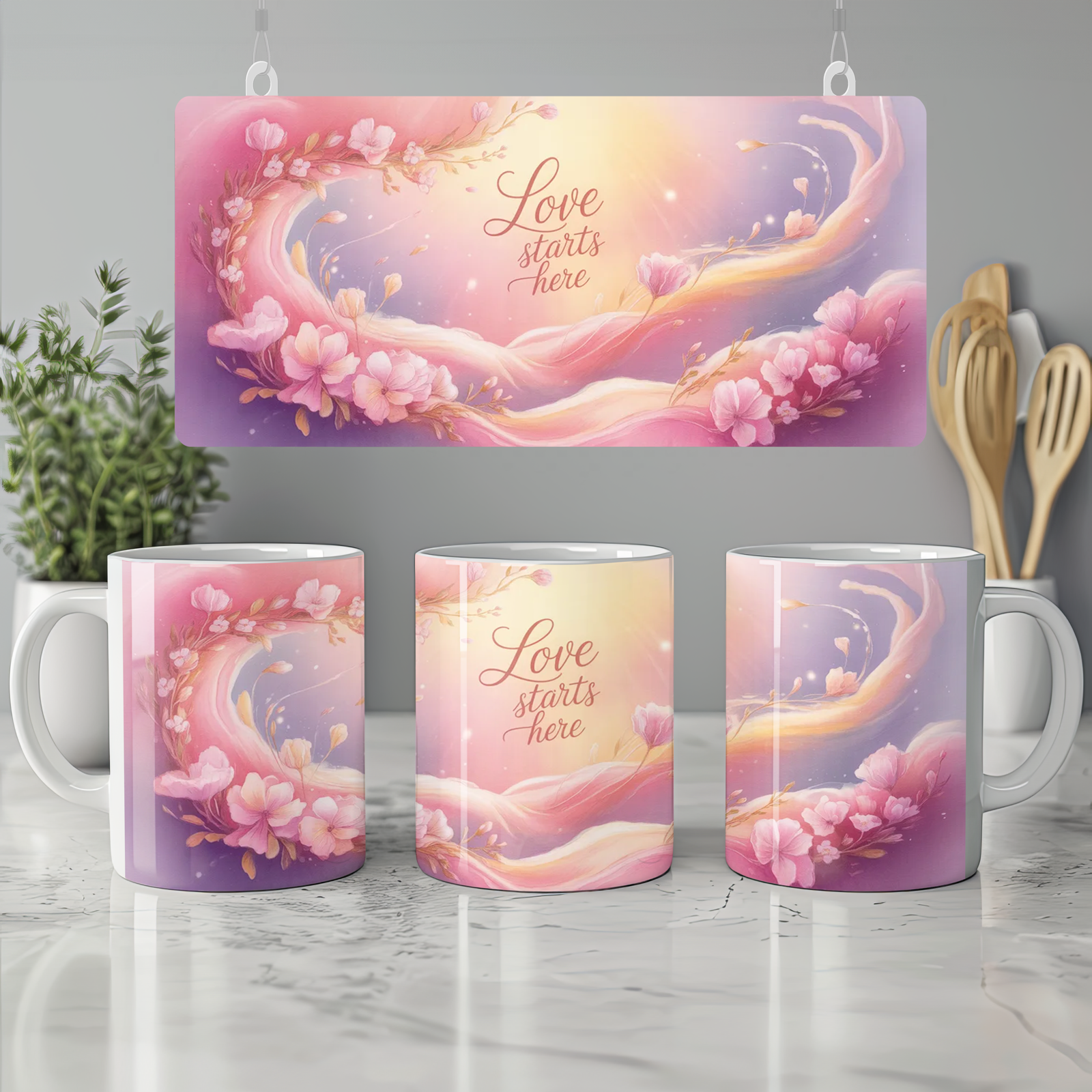 Love Starts Here Mug | Romantic Anniversary Gift | Valentine's Day Present for Couples | Wrap Around Art Coffee Cup