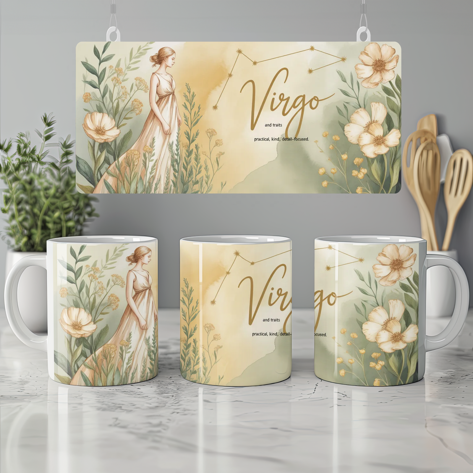 Virgo Zodiac Mug | Astrology Birthday Gift for Her | Watercolour Floral Star Sign Mug | Best Friend Present