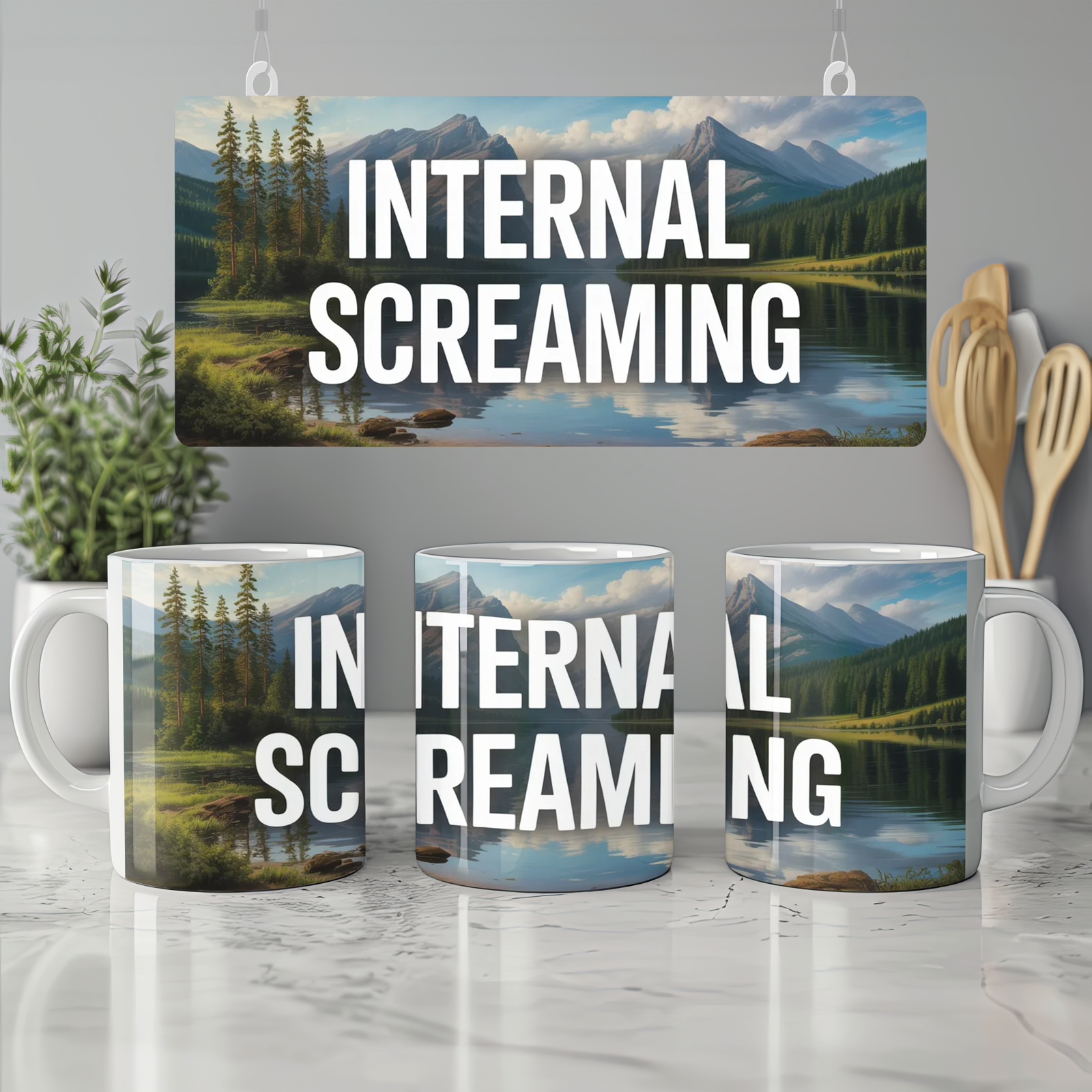 Internal Screaming Mug | Funny Office Humour Gift | Serene Mountain Lake Coffee Cup | New Job Leaving Present