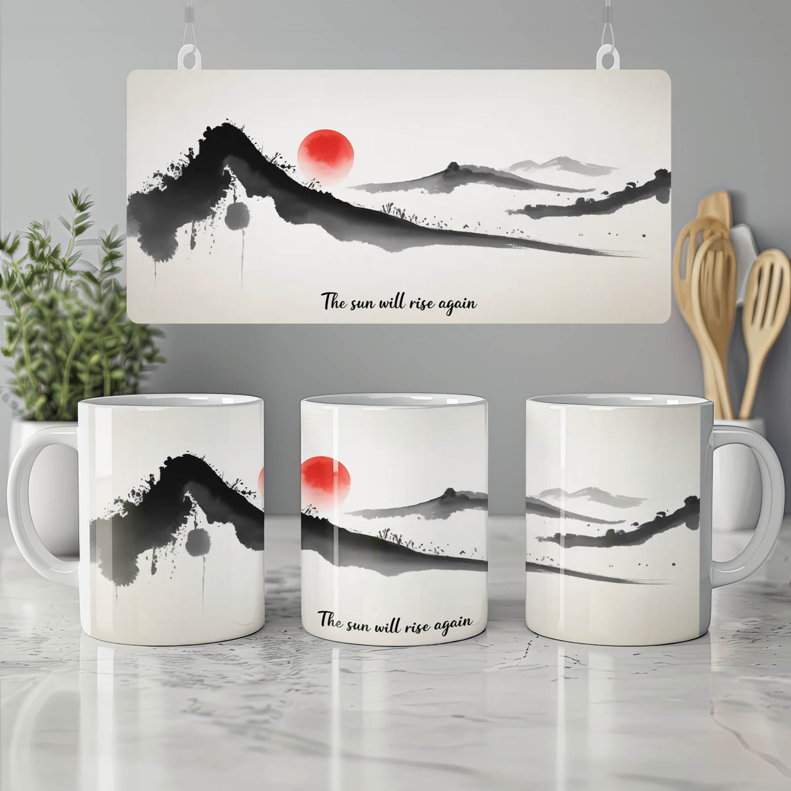 Sun Will Rise Again Mug | Positivity Gift | Minimalist Japanese Art Coffee Cup | Mental Health Encouragement Present for Best Friend
