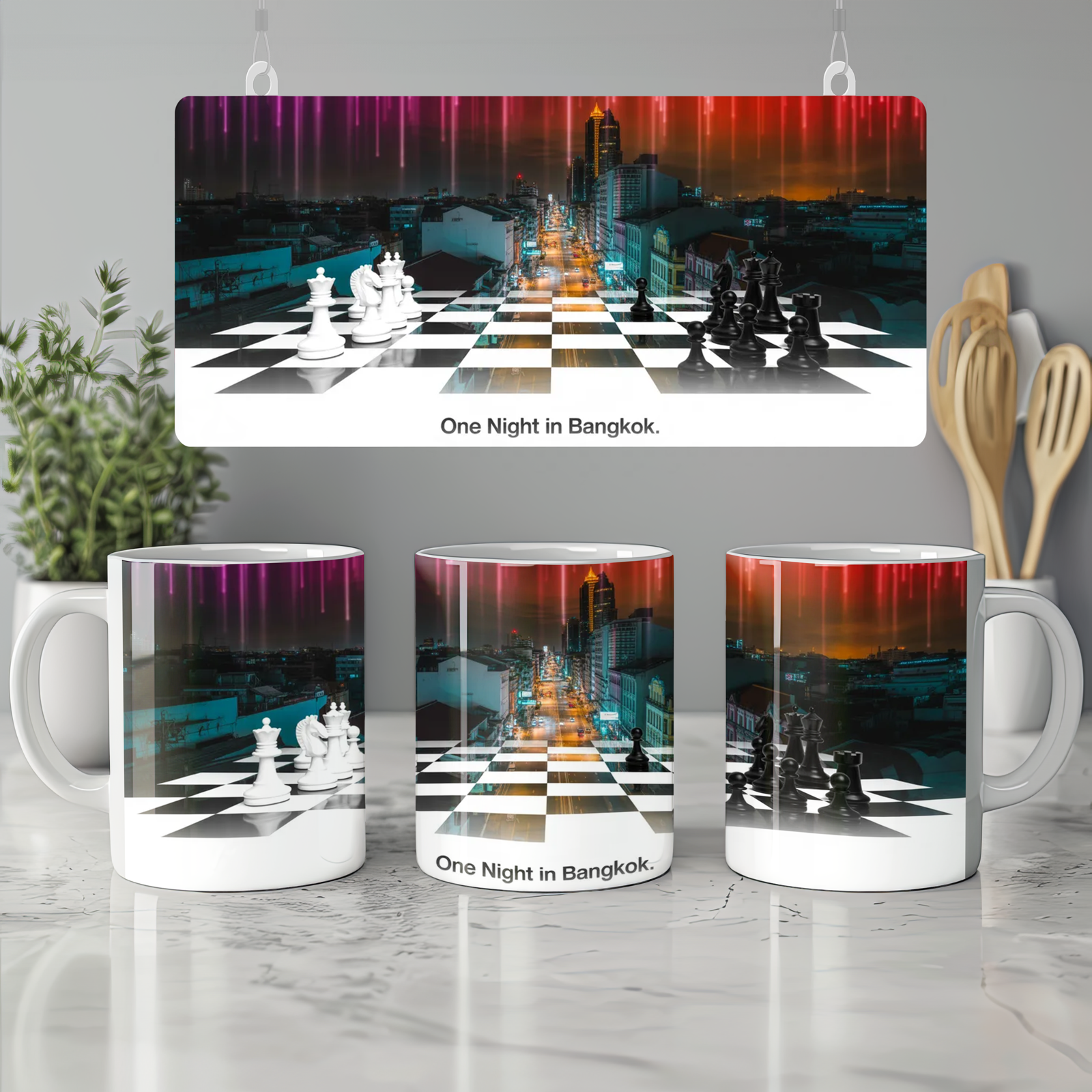 One Night in Bangkok Mug | Chess Musical Theatre Gift | Neon Skyline Coffee Cup for Theatre Lovers | Birthday Present for Him or Her