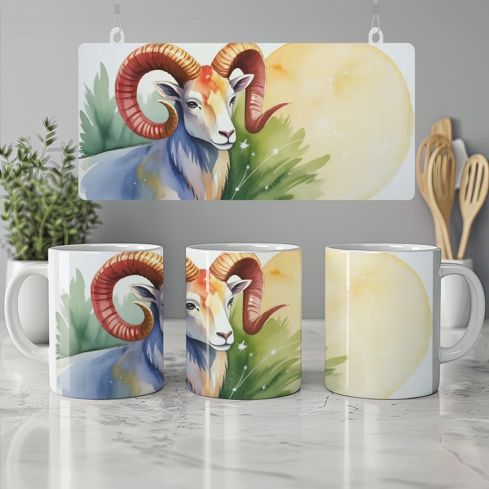 Aries Zodiac Mug | Watercolor Ram Astrology Gift | Celestial Birthday Present for Her and Him