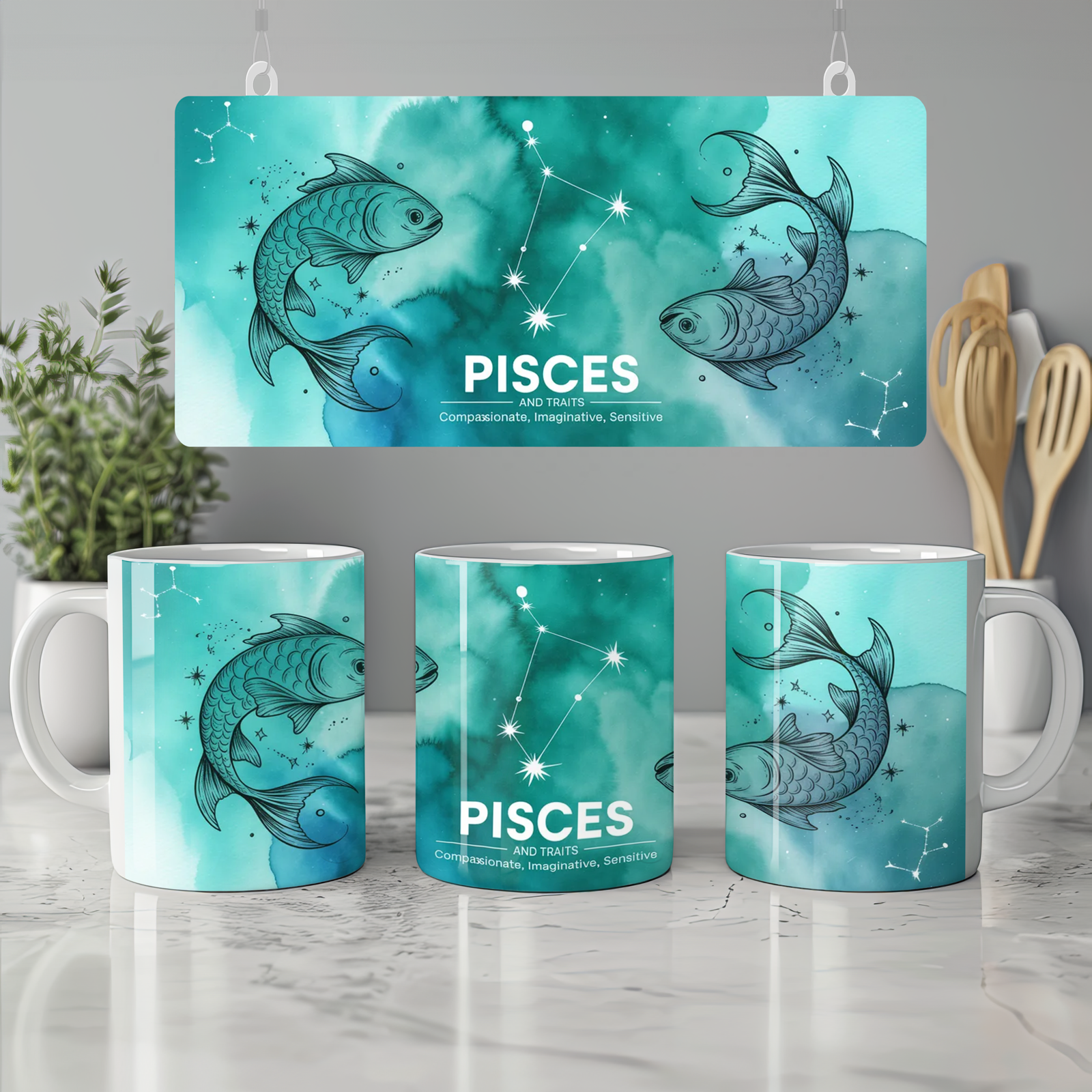 Pisces Mug | Teal Watercolour Astrology Gift | Pisces Star Sign Present | Birthday Gift for Her, Him or Best Friend