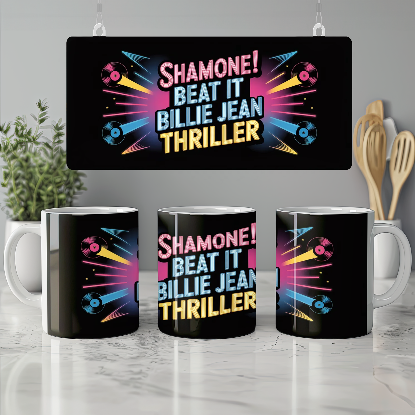 MJ Musical Mug | Shamone Beat It Billie Jean Thriller | Musical Theatre Gift for Him or Her | Retro Neon Broadway Present