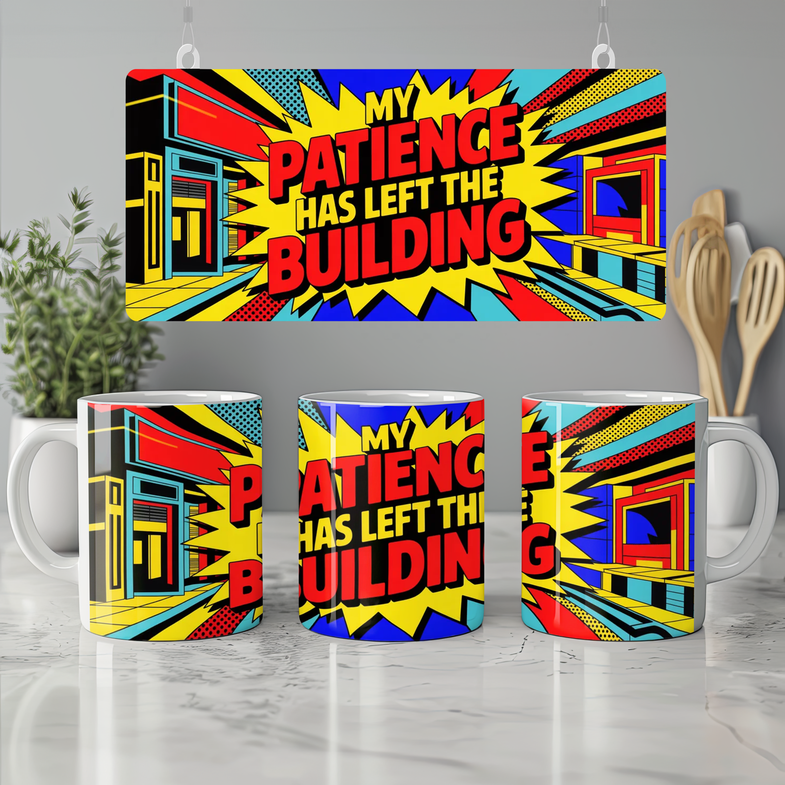 Sarcastic Quote Mug | My Patience Has Left The Building | Funny Colleague Gift | Neon Pop Art Office Coffee Cup