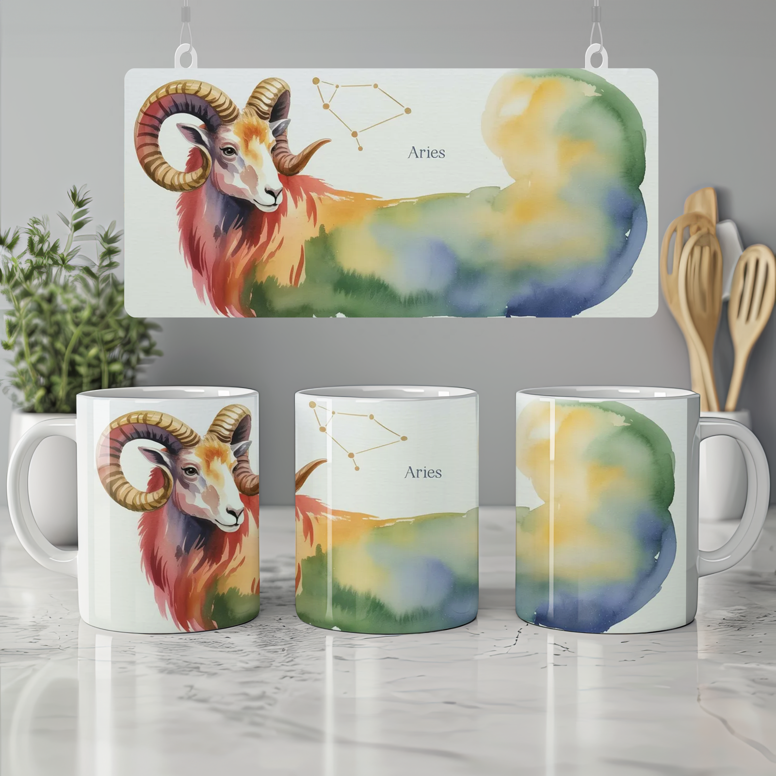 Aries Zodiac Mug | Astrology Ram Gift | Watercolour Constellation Mug | Star Sign Birthday Present for Her or Him
