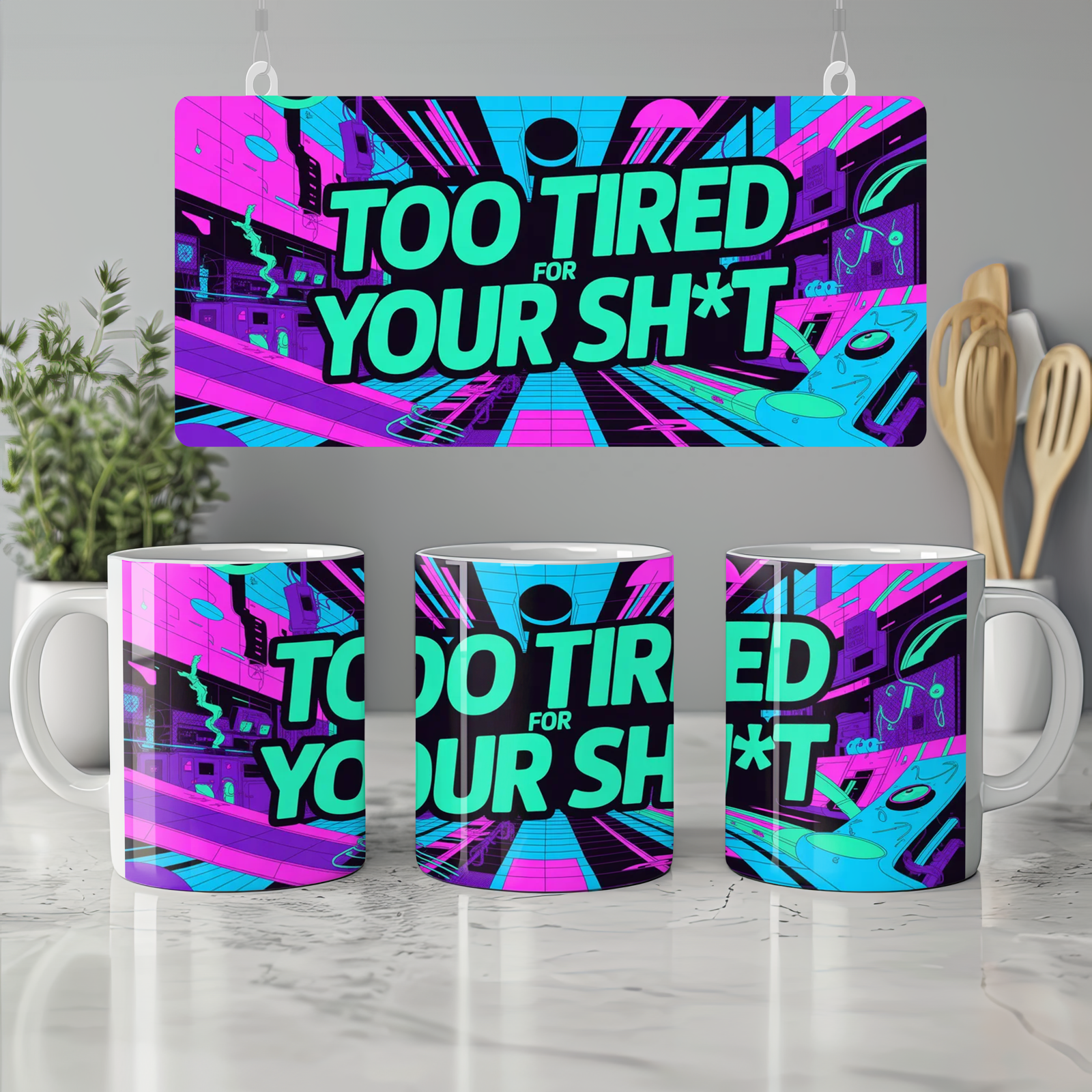 Too Tired For Your Shit Mug | Funny Rude Cyberpunk Neon Gift | Novelty Coffee Mug for Best Friend, Him or Her