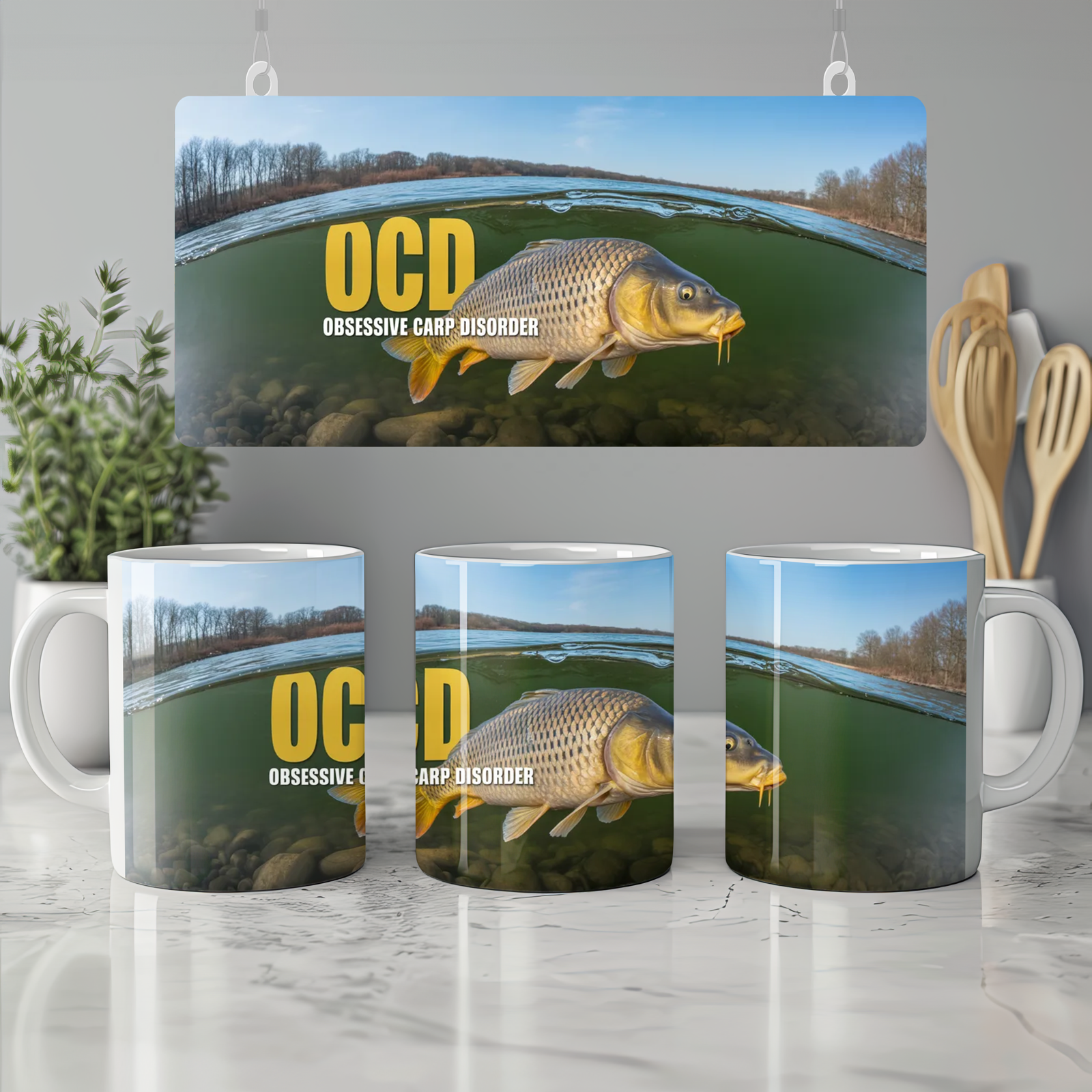 Obsessive Carp Disorder Mug | Funny Fishing Gift for Him | Carp Angler Present | Father's Day Dad Mug | Wrap Around River Scene