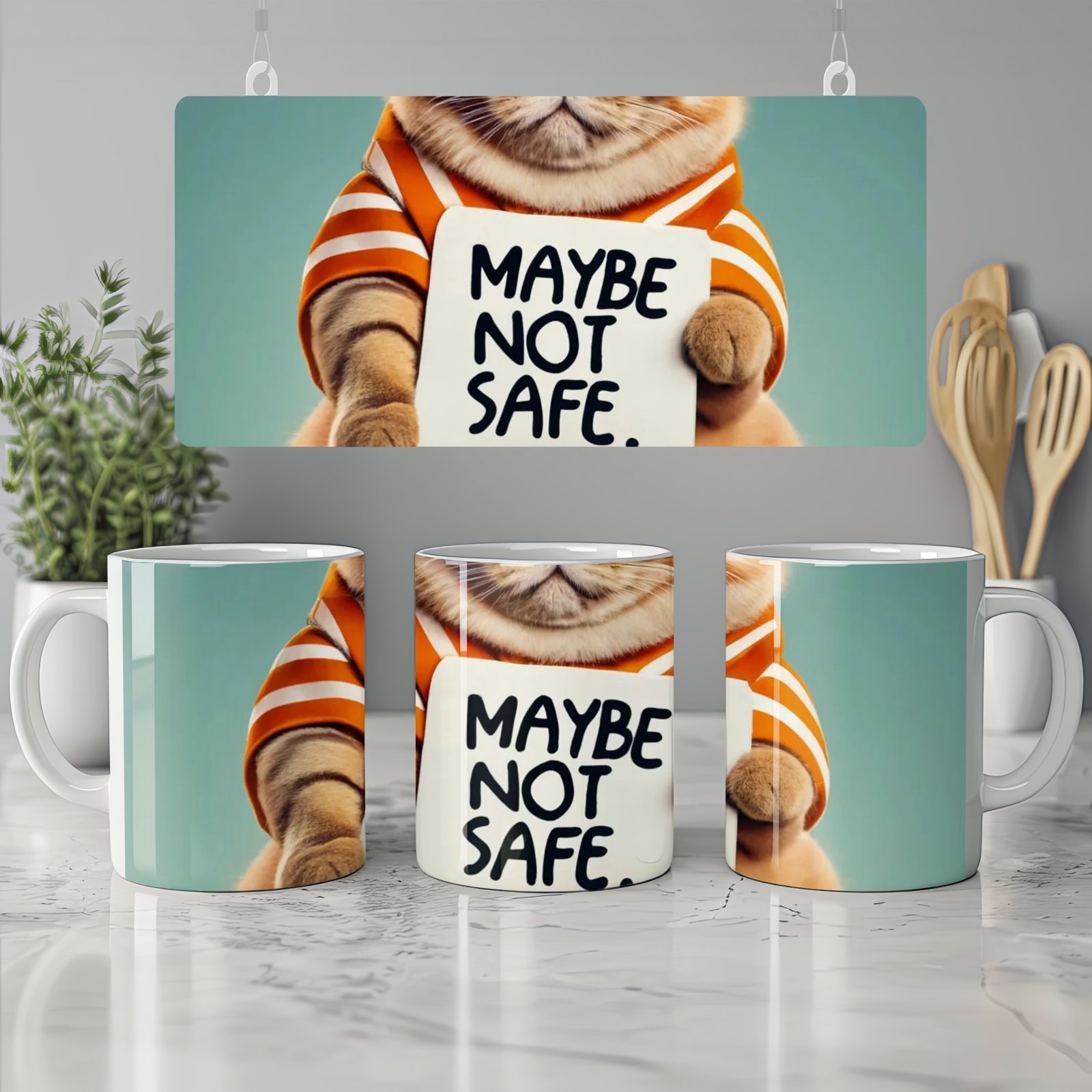 Funny Cat Holding Maybe Not Safe Sign Mug