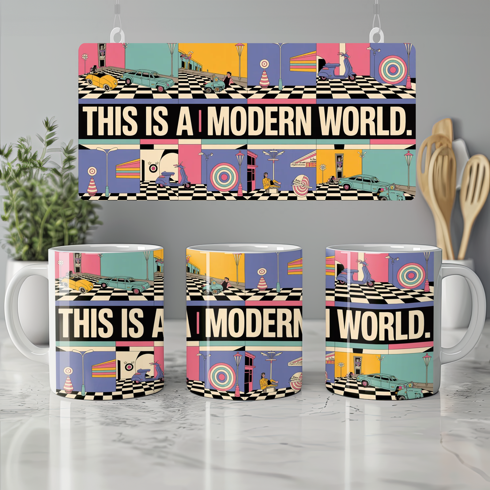 Mod Mug | This is a MODern World Retro Scooter Design | Gift for Him or Dad | 1960s Target and Checkerboard Coffee Mug