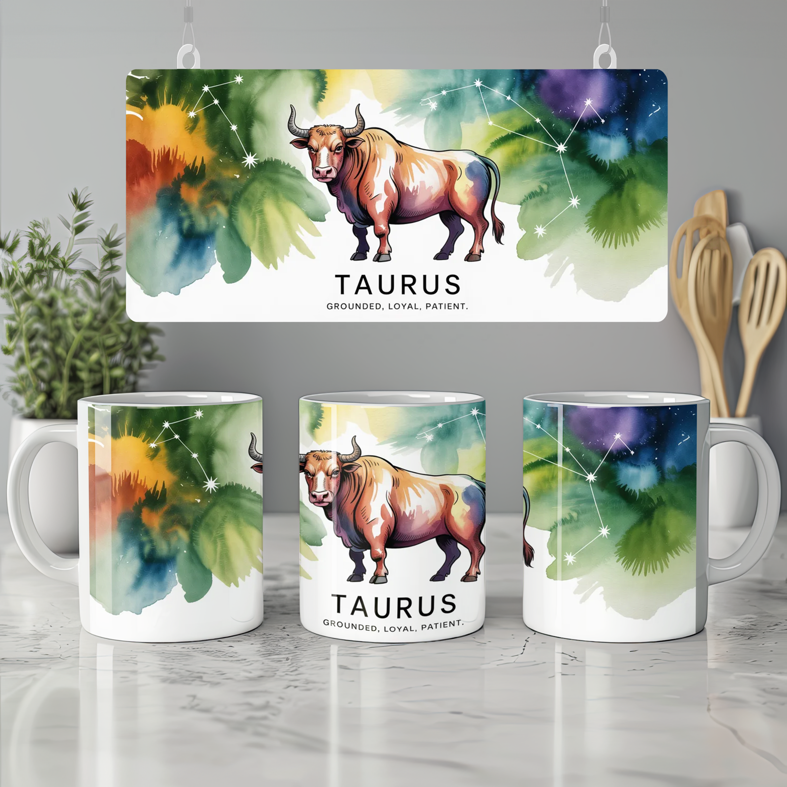Taurus Zodiac Mug | Astrology Star Sign Gift | Watercolor Bull Constellation Present | Birthday Gift for Her or Him