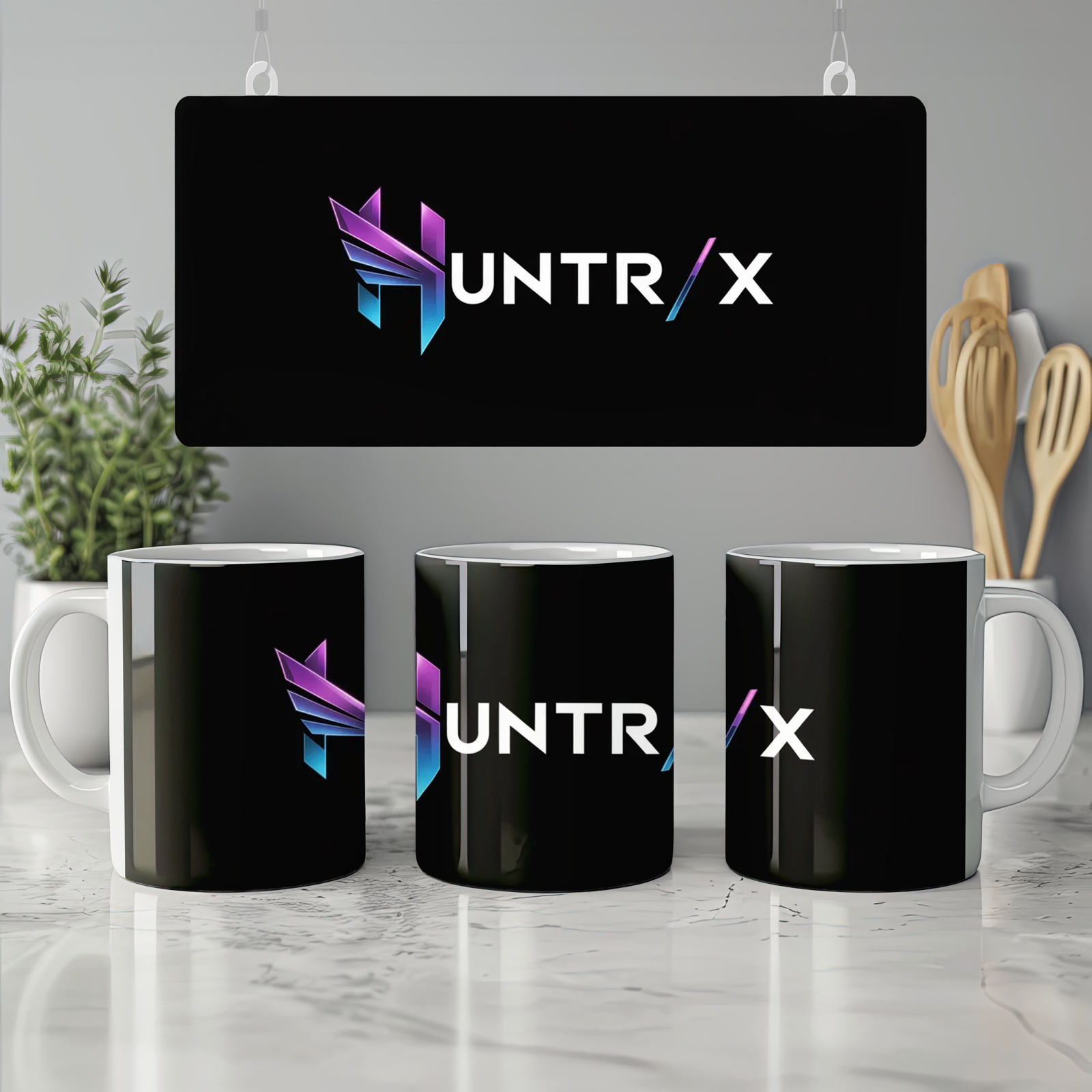 Gaming Mug | Huntr/x Logo Design | Sci-Fi Gamer Gift for Him | Futuristic Purple and Blue Geometric Mug