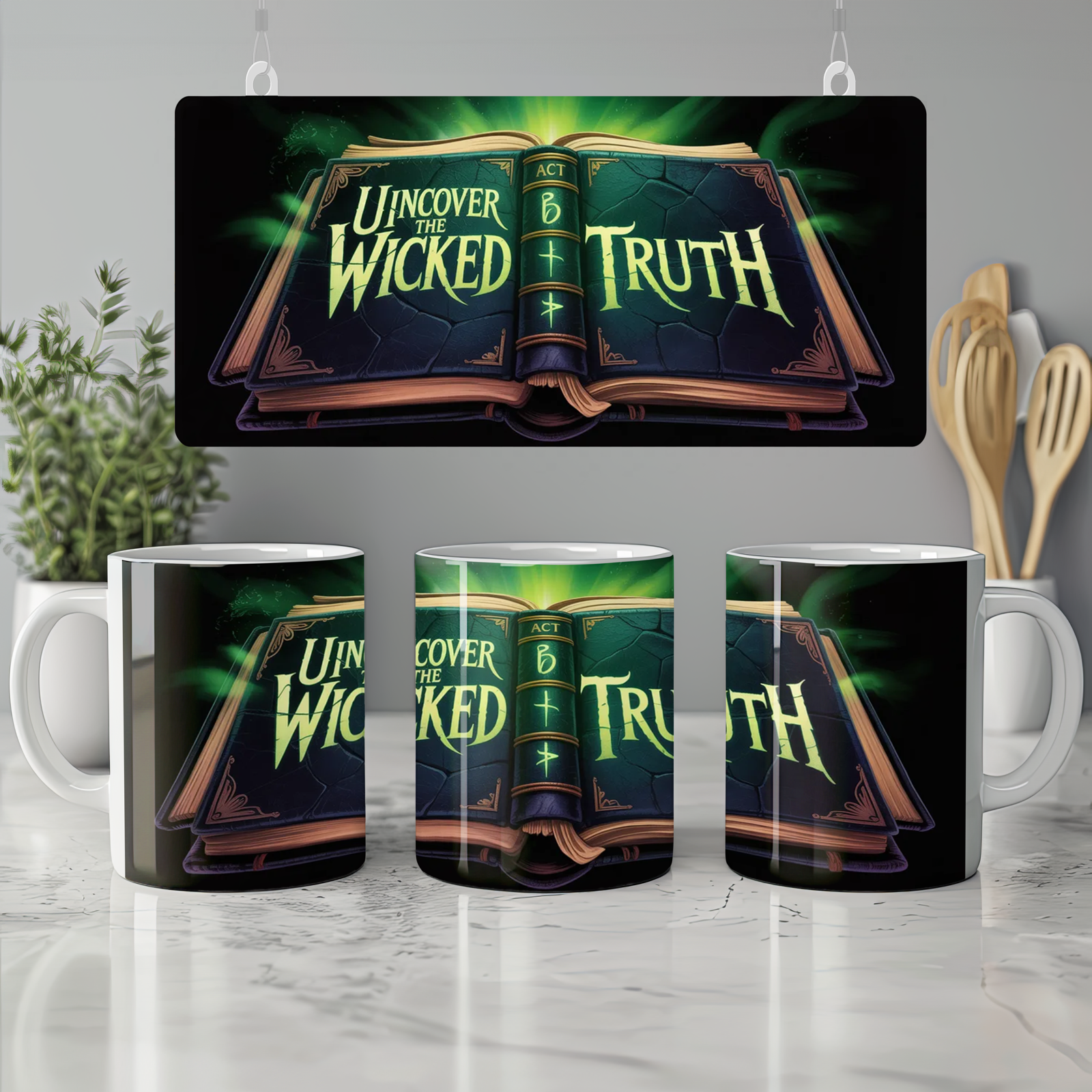 Wicked Spellbook Mug | Forbidden Grimoire Design | Musical Theatre Gift | Green Magic Wrap Around Mug